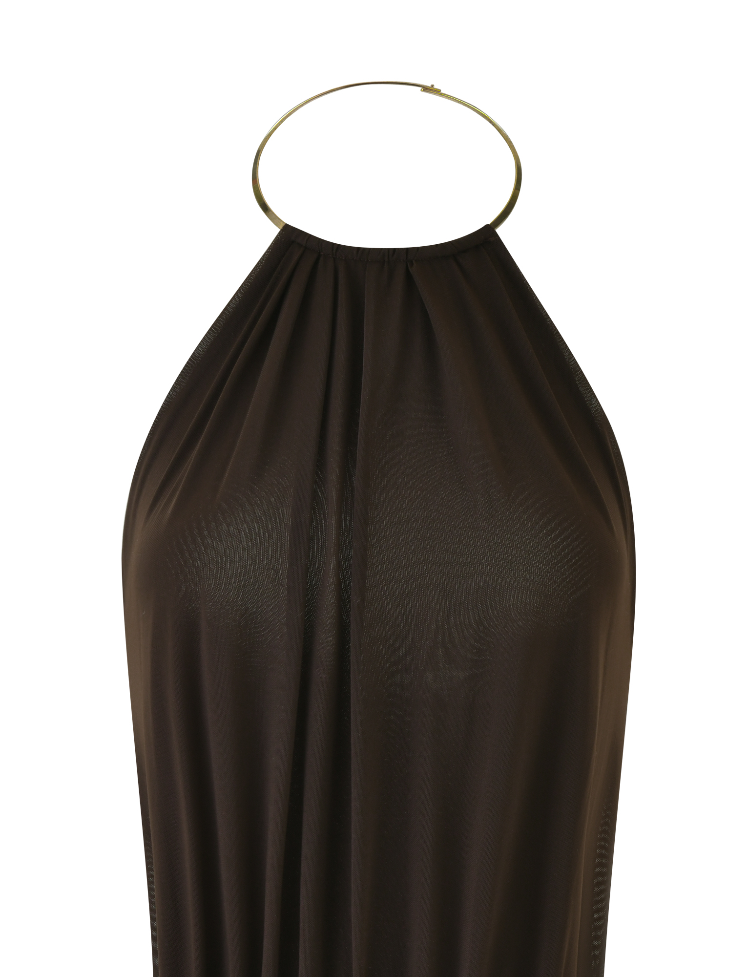 The EVANNA MINI DRESS - BROWN: CHOCOLATE by TIGERMIST is a sleeveless halter bodycon dress with sheer, flowing fabric and a bold gold circular collar.