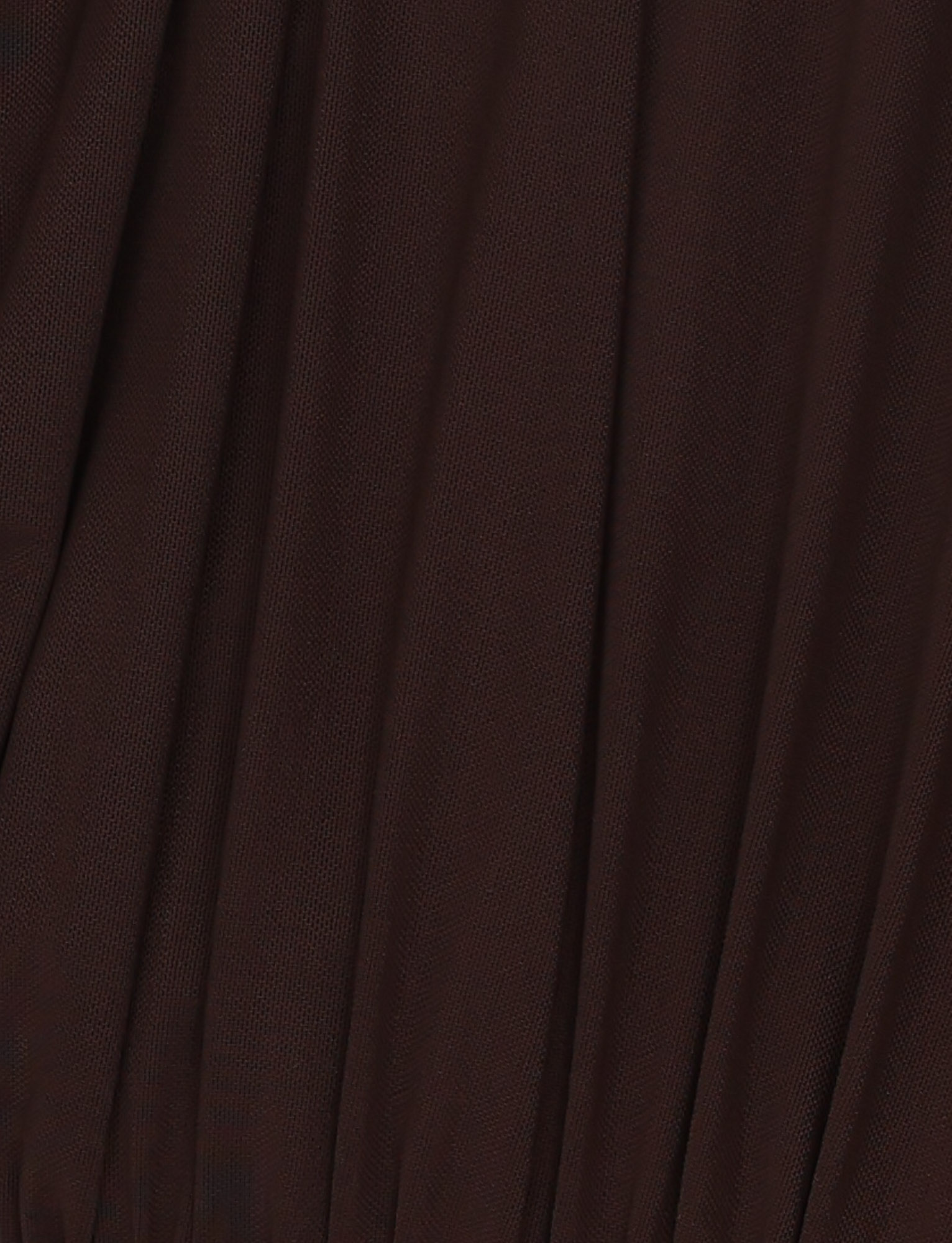 Close-up of the TIGERMIST EVANNA MINI DRESS in Chocolate Brown, featuring a slightly sheer, textured fabric with vertical pleats and folds.