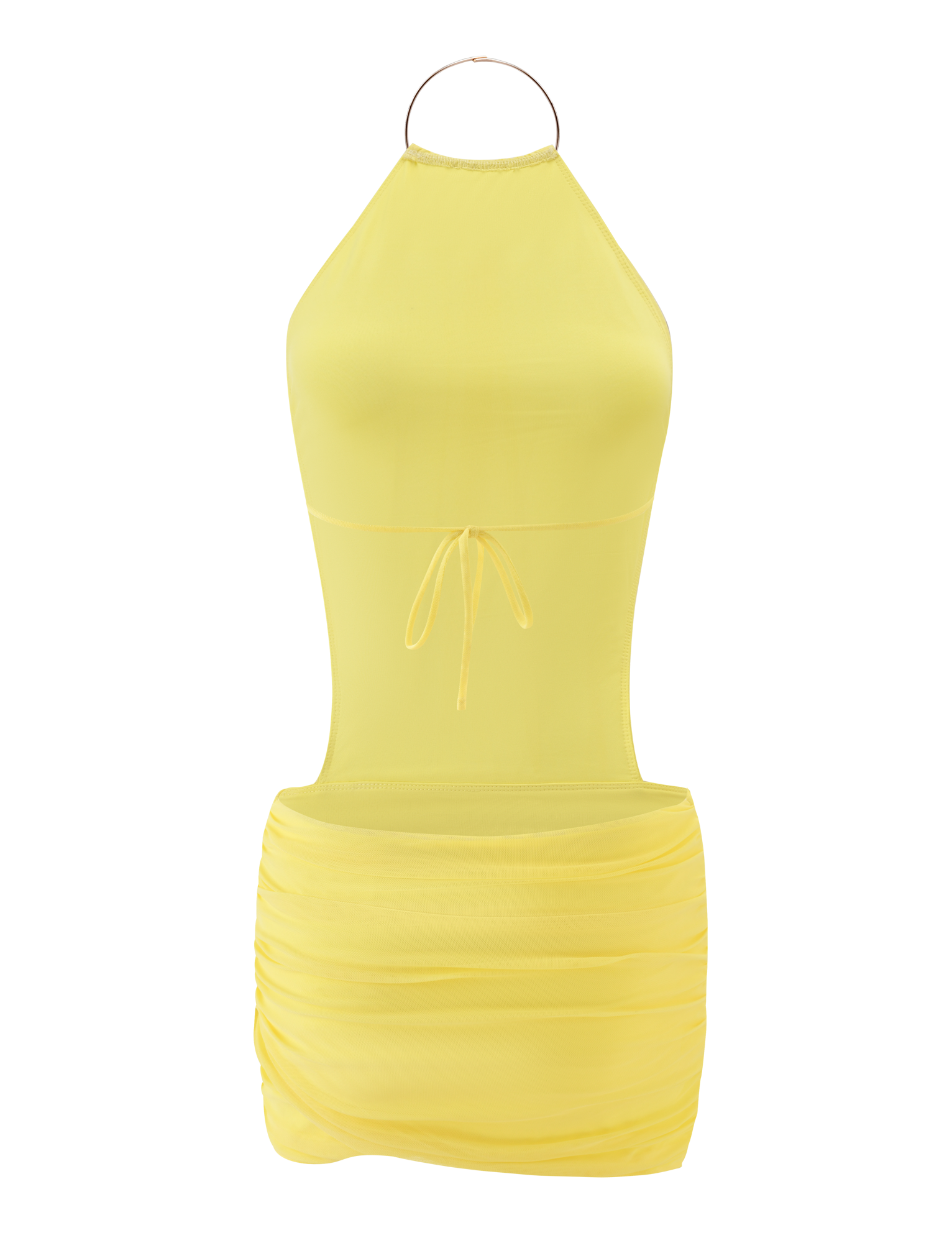 The TIGERMIST EVANNA MINI DRESS - YELLOW is a sleeveless, halter-neck mini with a high neck metallic ring, fitted bodice, thin waist tie, and ruched skirt. Displayed on a plain white background.