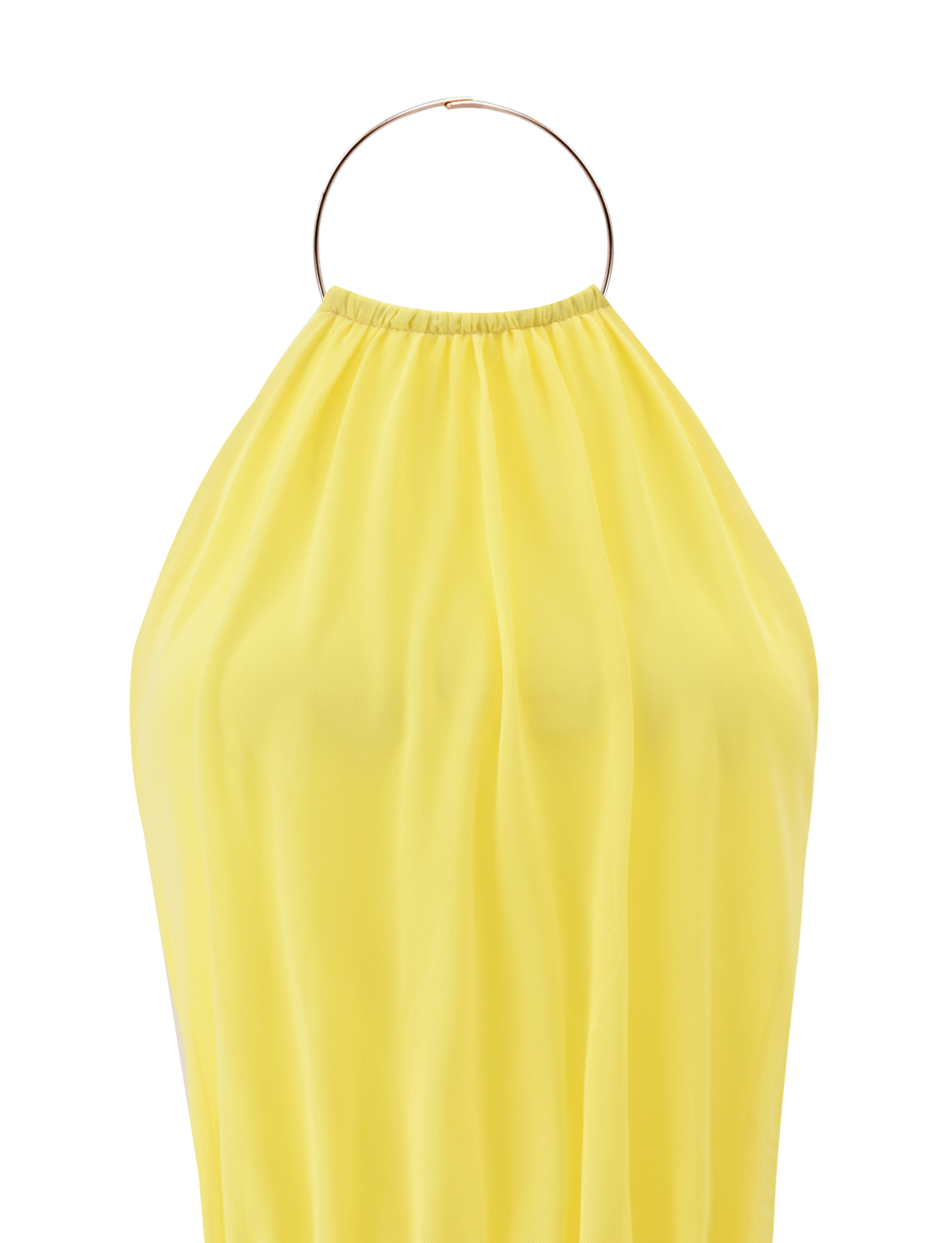 The TIGERMIST EVANNA MINI DRESS - YELLOW features a flowy halter silhouette with a gathered neckline and a thin gold hoop at the high neck, shown against a white background.