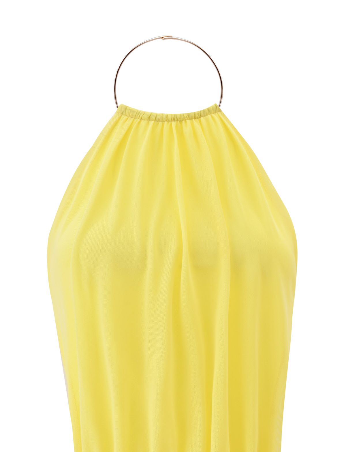 The TIGERMIST EVANNA MINI DRESS - YELLOW features a flowy halter silhouette with a gathered neckline and a thin gold hoop at the high neck, shown against a white background.