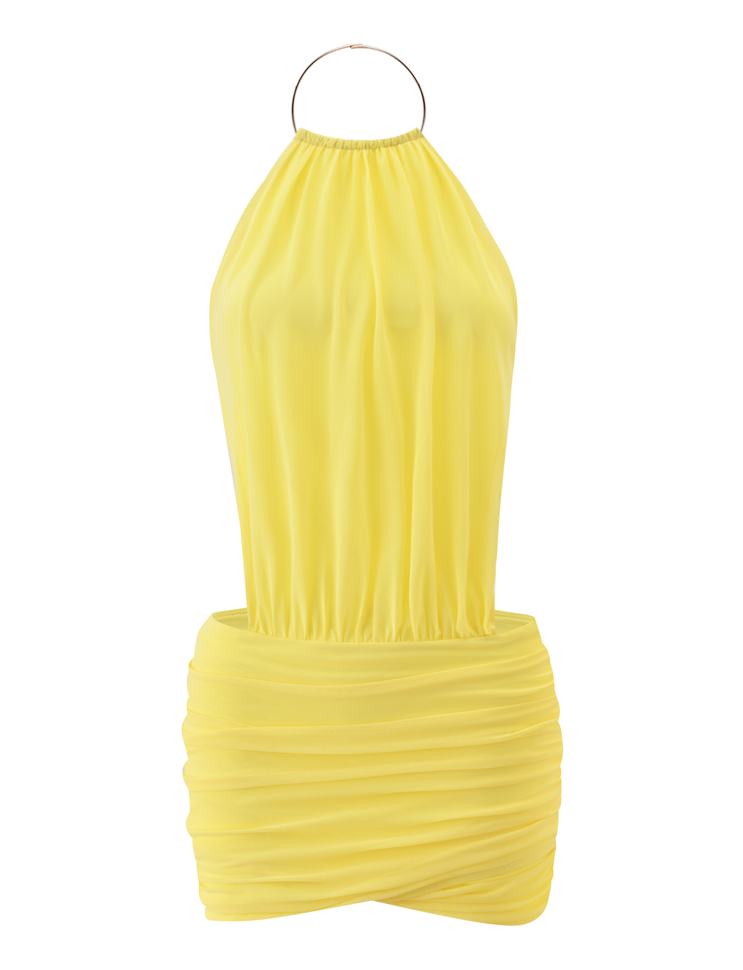 The TIGERMIST EVANNA MINI DRESS in yellow is a sleeveless halter neck dress with a gathered, blouson-style top and a fitted, ruched mini skirt for a chic look.