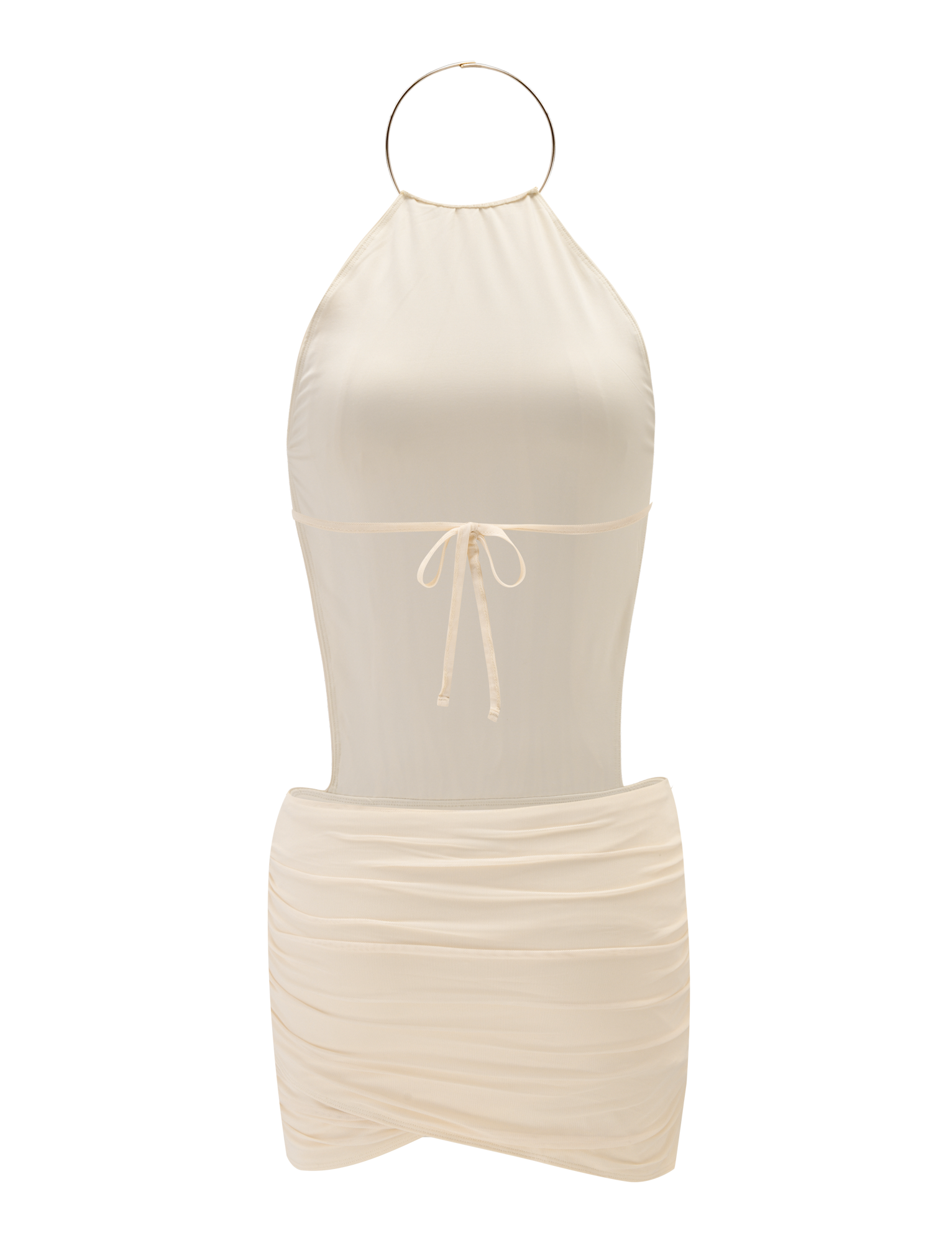 The TIGERMIST EVANNA MINI DRESS in ivory is sleeveless, featuring a gold hoop neckline, front tie at the bust, and a ruched skirt design.
