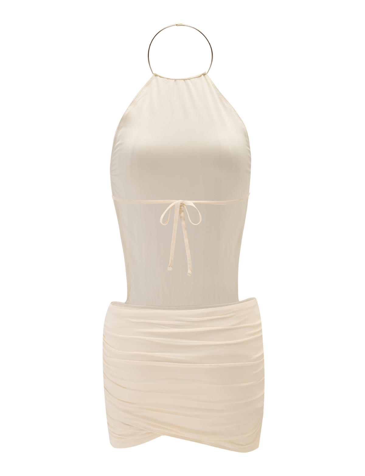 The TIGERMIST EVANNA MINI DRESS in ivory is sleeveless, featuring a gold hoop neckline, front tie at the bust, and a ruched skirt design.
