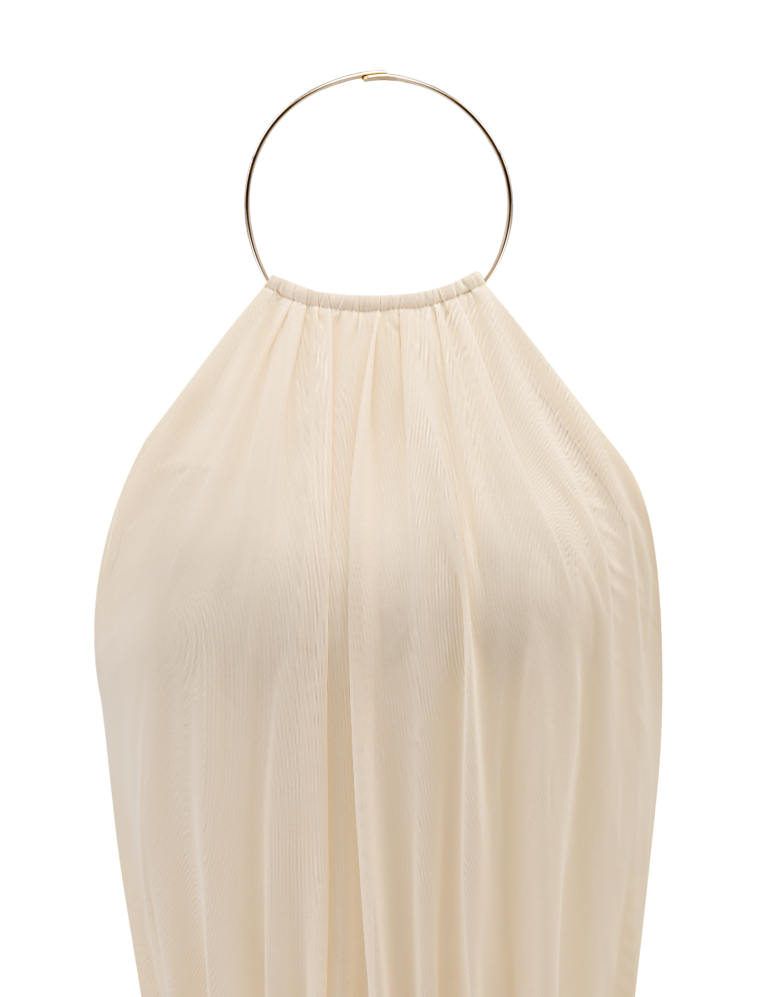 A close-up of the EVANNA MINI DRESS - IVORY by TIGERMIST: a sleeveless mini dress featuring a high neckline gathered onto a large, circular gold metal ring.