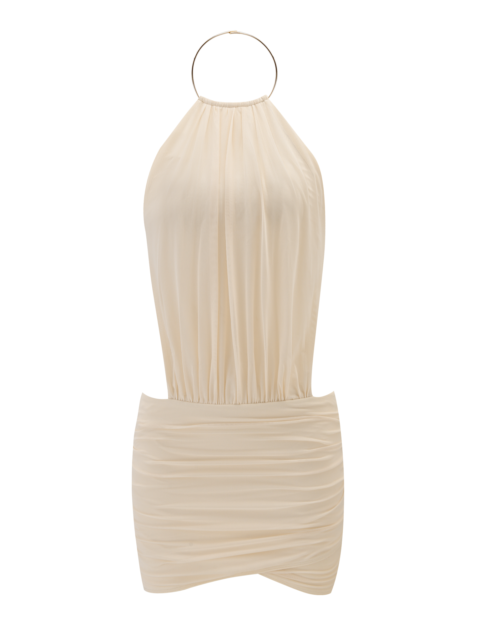 The EVANNA MINI DRESS - IVORY by TIGERMIST is a sleeveless dress with a gathered halter neckline secured by a metallic ring, a fitted ruched skirt, and soft slightly pleated fabric for an elegant finish.