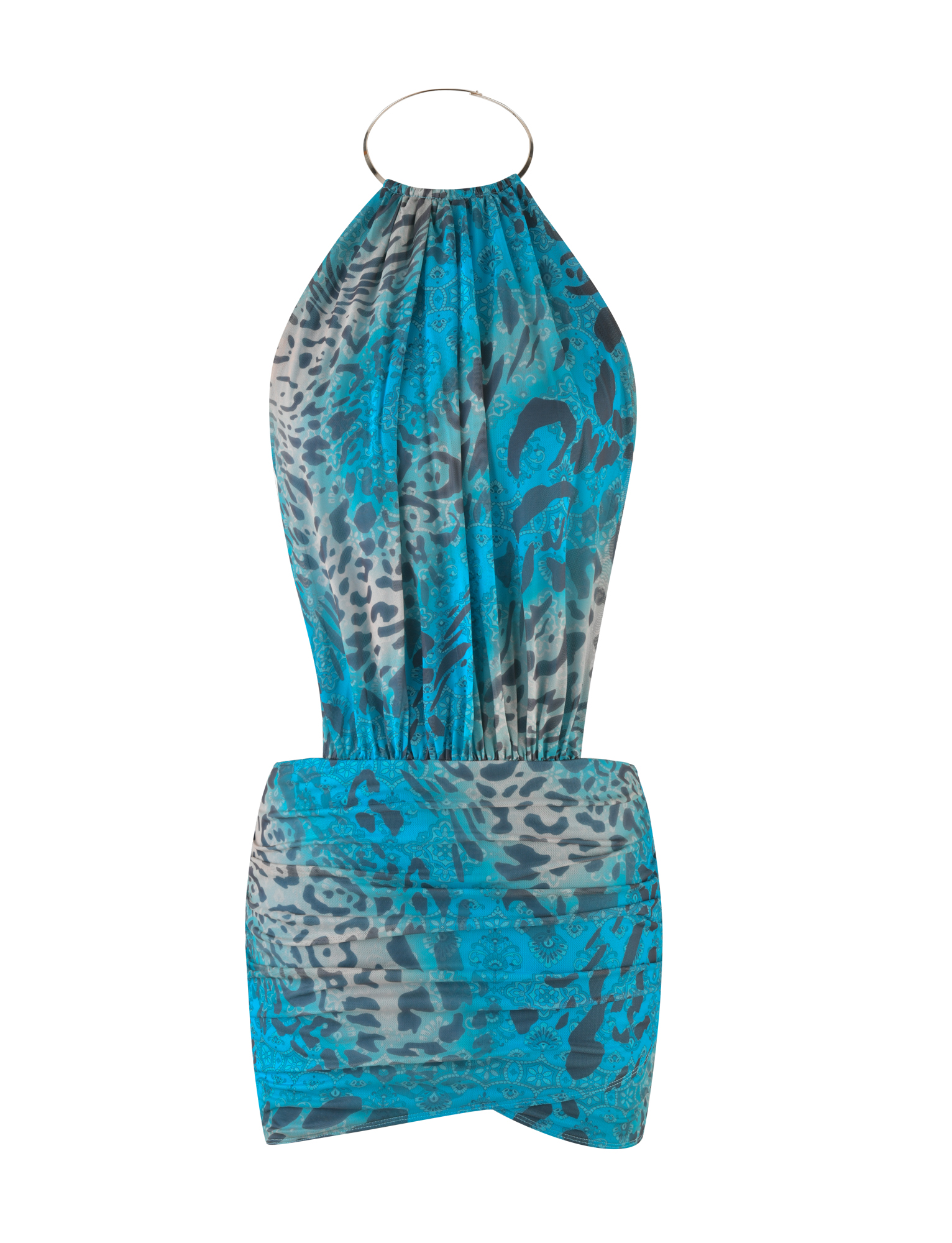The TIGERMIST EVANNA MINI DRESS - MULTI: LEOPARD SWIRL is a blue and gray animal print halter mini dress with a metallic ring, ruched skirt, sleeveless bodycon fit, and bold leopard swirl pattern for a chic statement.