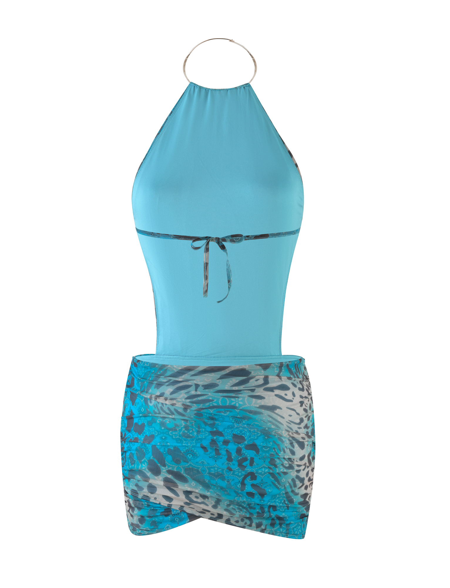 The TIGERMIST EVANNA MINI DRESS - MULTI: LEOPARD SWIRL features a sleeveless halter style, high neck ring, thin front tie, and abstract blue leopard print wrap skirt for a chic bodycon fit.