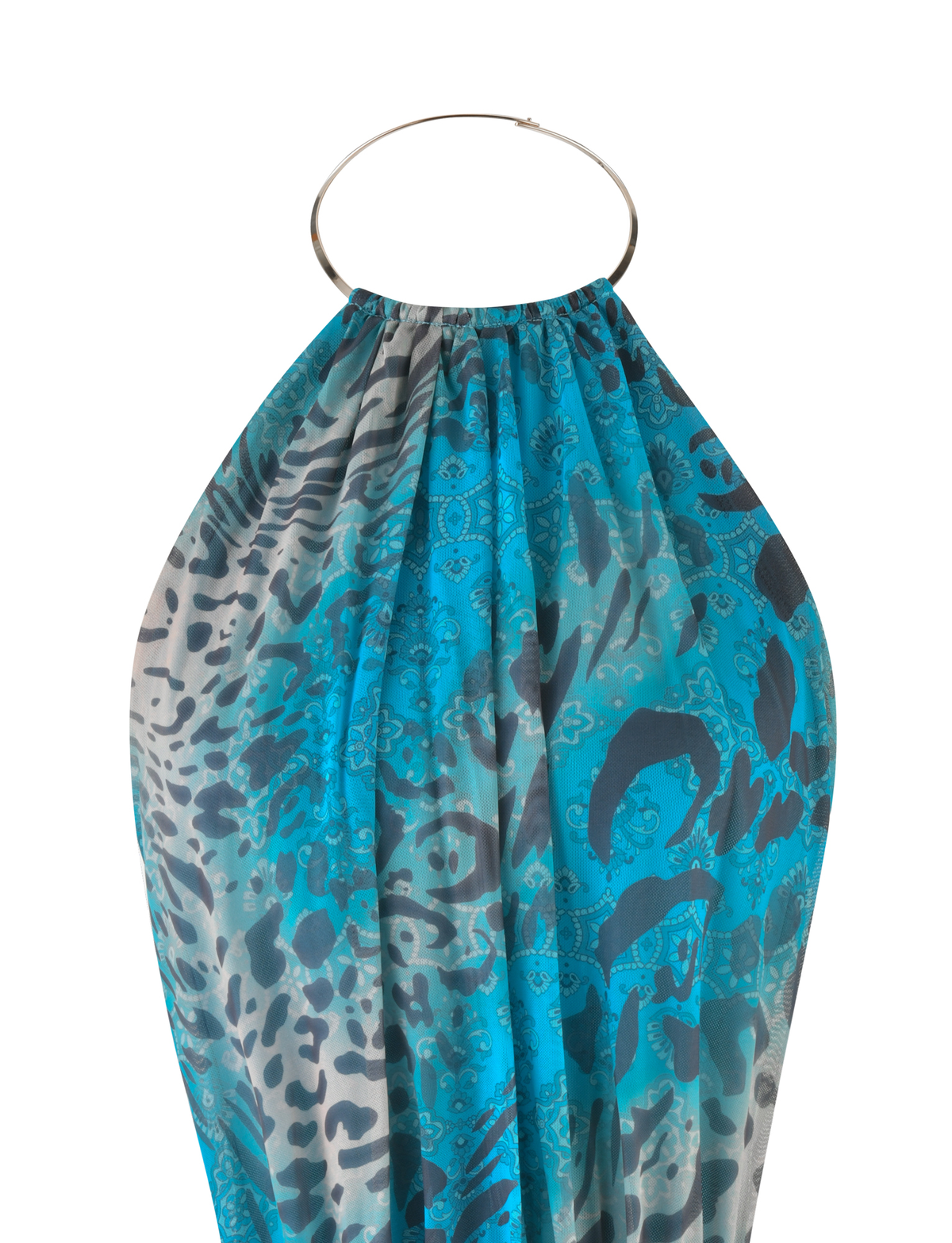 The TIGERMIST EVANNA MINI DRESS - MULTI: LEOPARD SWIRL features a silver metal ring holding up flowing blue and gray leopard-print fabric, reminiscent of animal print, and is displayed against a white background.