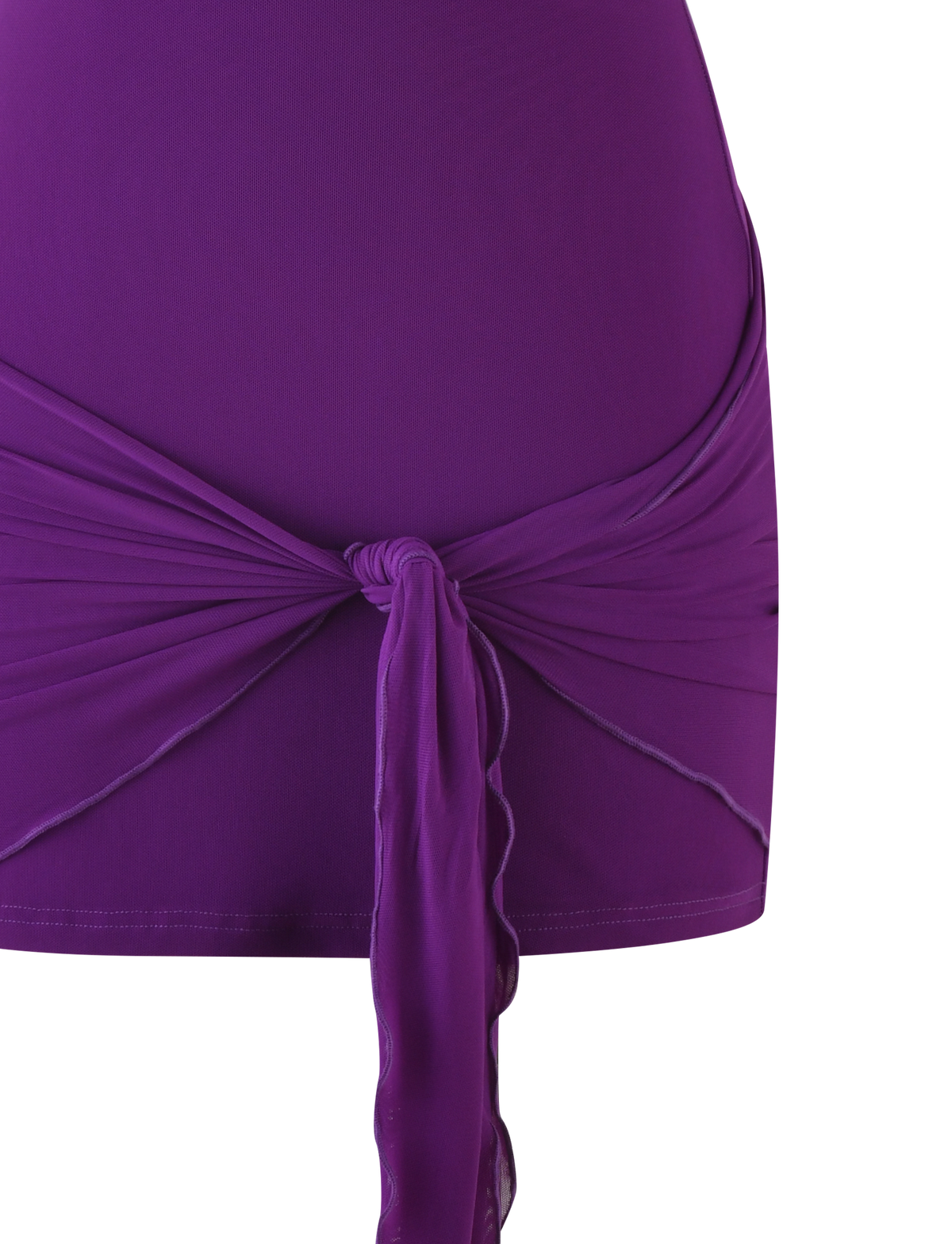 Close-up of the TIGERMIST JUSTINA MINI DRESS - PURPLE, a mesh halter neck mini dress with a tied sash at the waist. The knot and draped ends are visible at the front, set against a rich purple background.