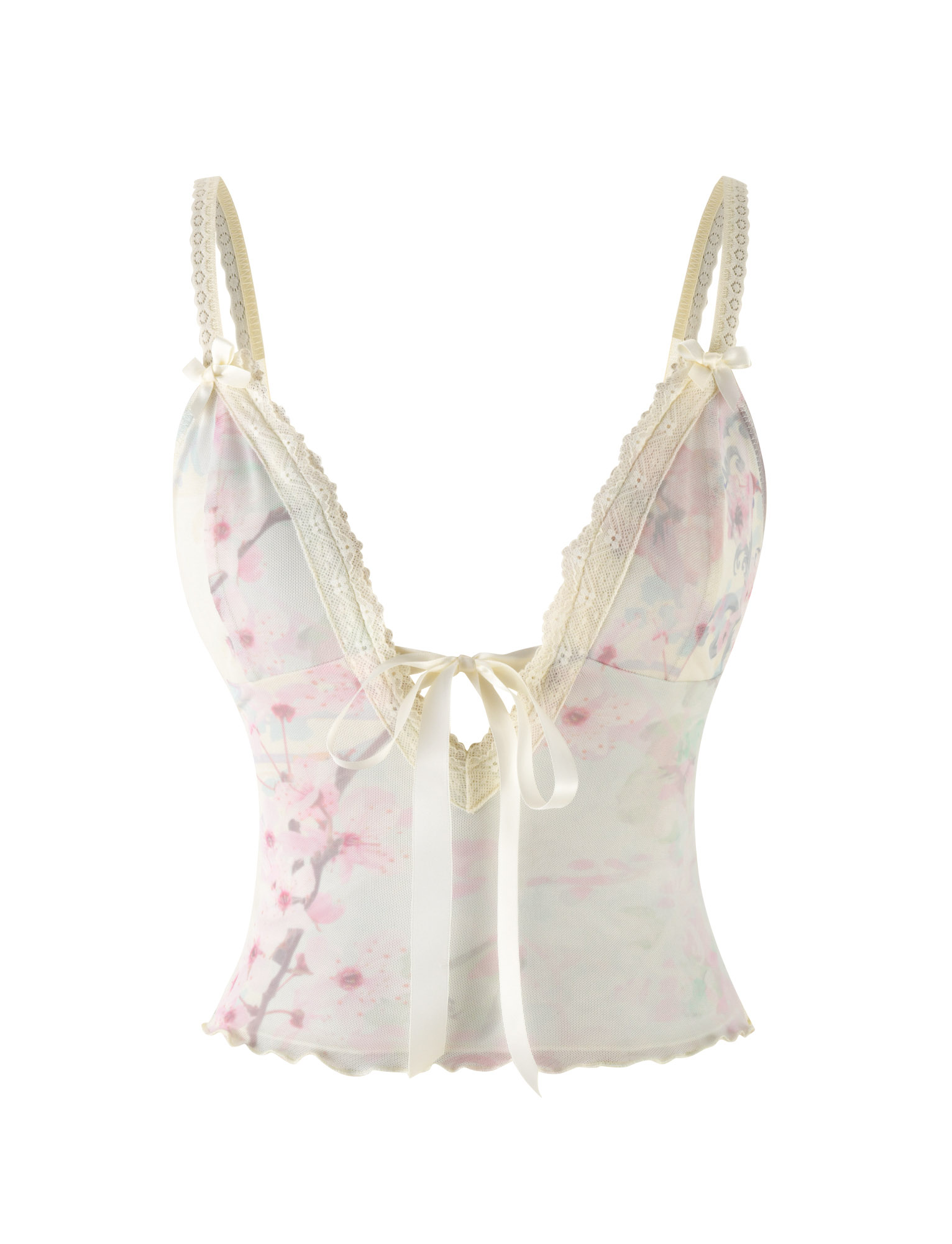 The TIGERMIST LONIE TOP in neutral floral washed cherry blossom features a delicate print, lace trim, deep V-neck, and ribbon bows, shown on a white background.