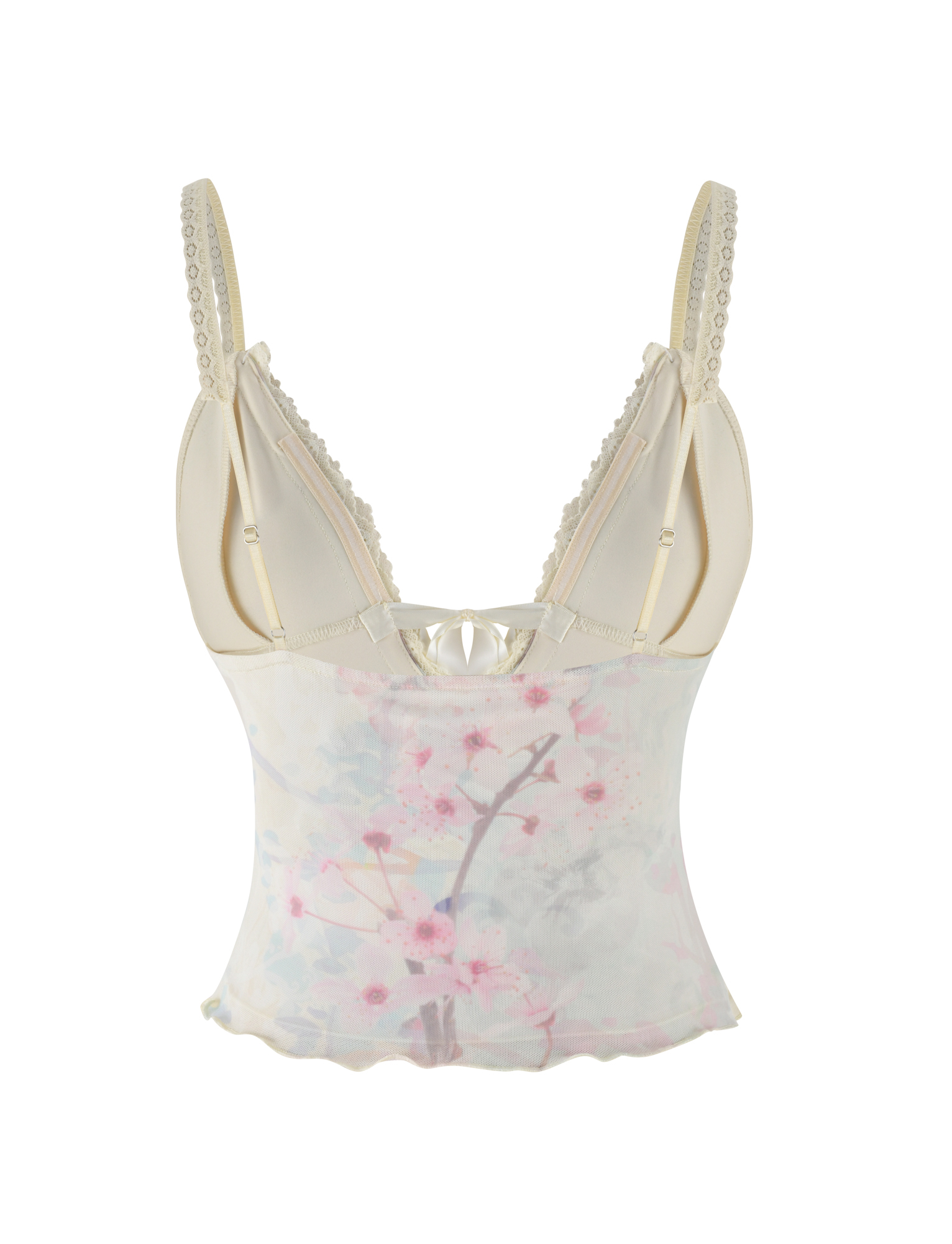 The LONIE TOP by TIGERMIST is a sheer, light cream camisole with pearl-trimmed straps, pink washed cherry blossom print, bodycon fit, and scalloped hem. Shown against a white background.