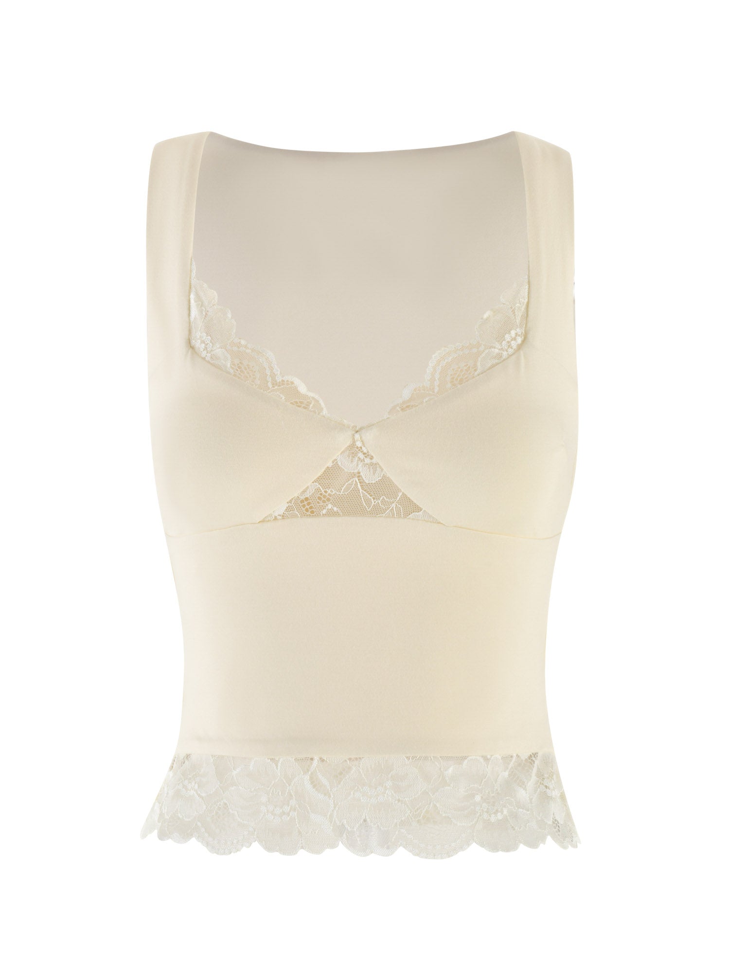 The TIGERMIST DIONE LACE TOP in Soft Butter is a cream-colored, sleeveless camisole with V-neck and intricate lace detailing along the neckline and hem, showcasing a subtle bodycon fit.