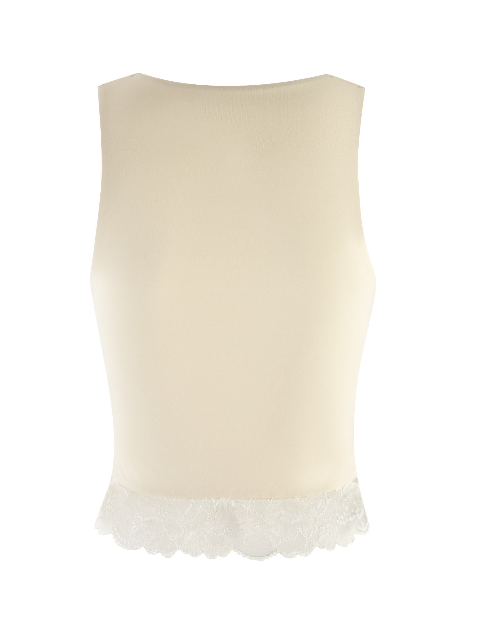 The DIONE LACE TOP by TIGERMIST is a sleeveless yellow top in soft butter jersey, showcased from the back. It features a delicate lace trim at the hem and has a smooth, slightly sheer appearance for an elegant look.
