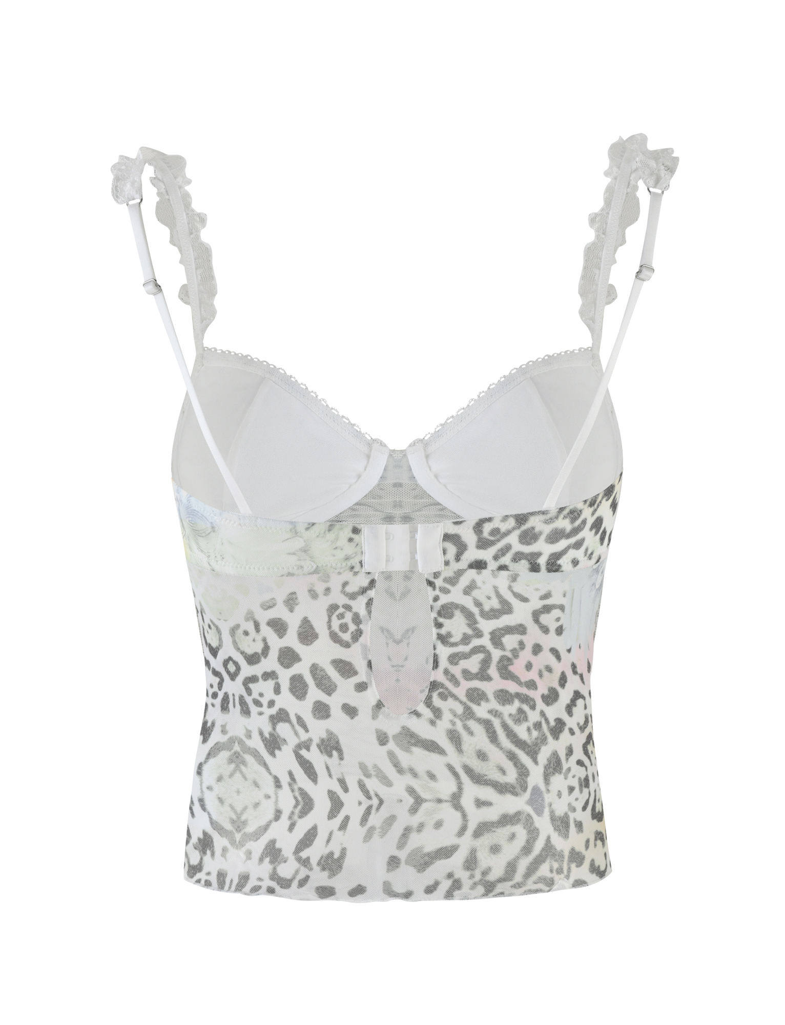 The JOSEPHINE TOP by TIGERMIST is a sleeveless women’s top with spaghetti straps, lace trim, and a white and grey animal print on sheer fabric, shown from the back.