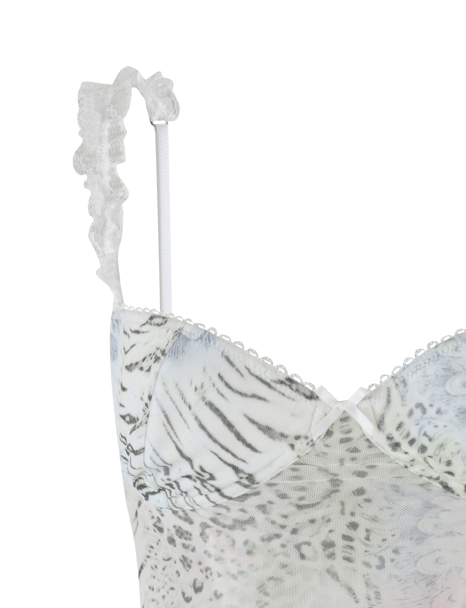 Close-up of the TIGERMIST JOSEPHINE TOP in white animal print, featuring thin lace-trimmed straps, delicate top edging, a small center bow, and a subtle animal pattern.