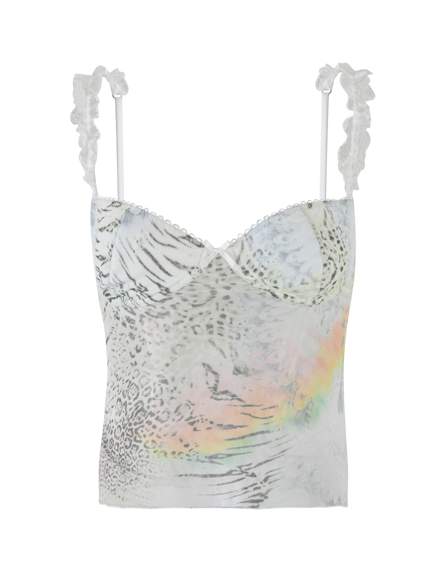 The TIGERMIST JOSEPHINE TOP is a cropped camisole with ruffled straps, featuring a white base, faint abstract animal print, and a subtle rainbow sheen.