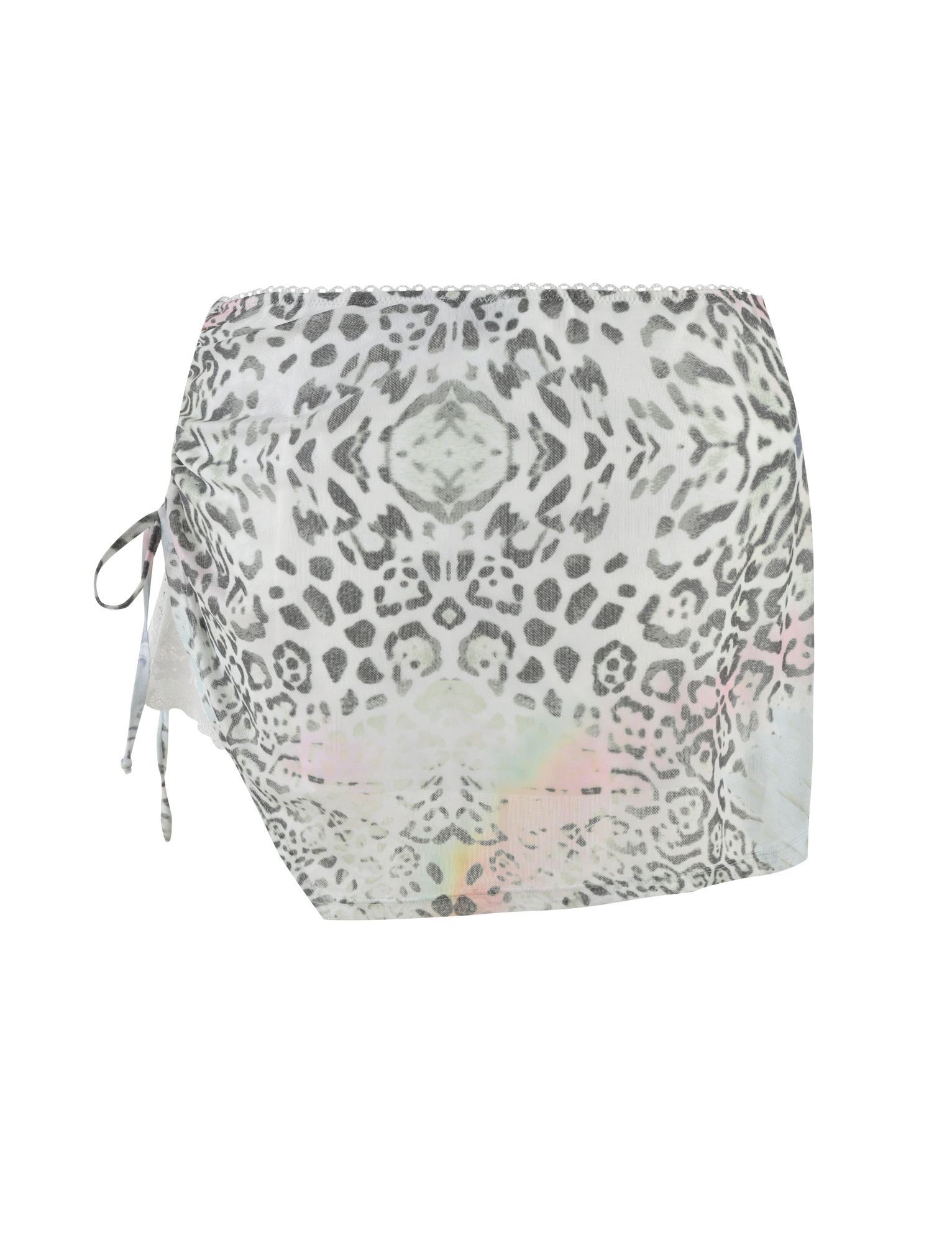 The TIGERMIST JOSEPHINE MINI SKIRT features a fitted, ruched design with a white animal print and side drawstring tie.