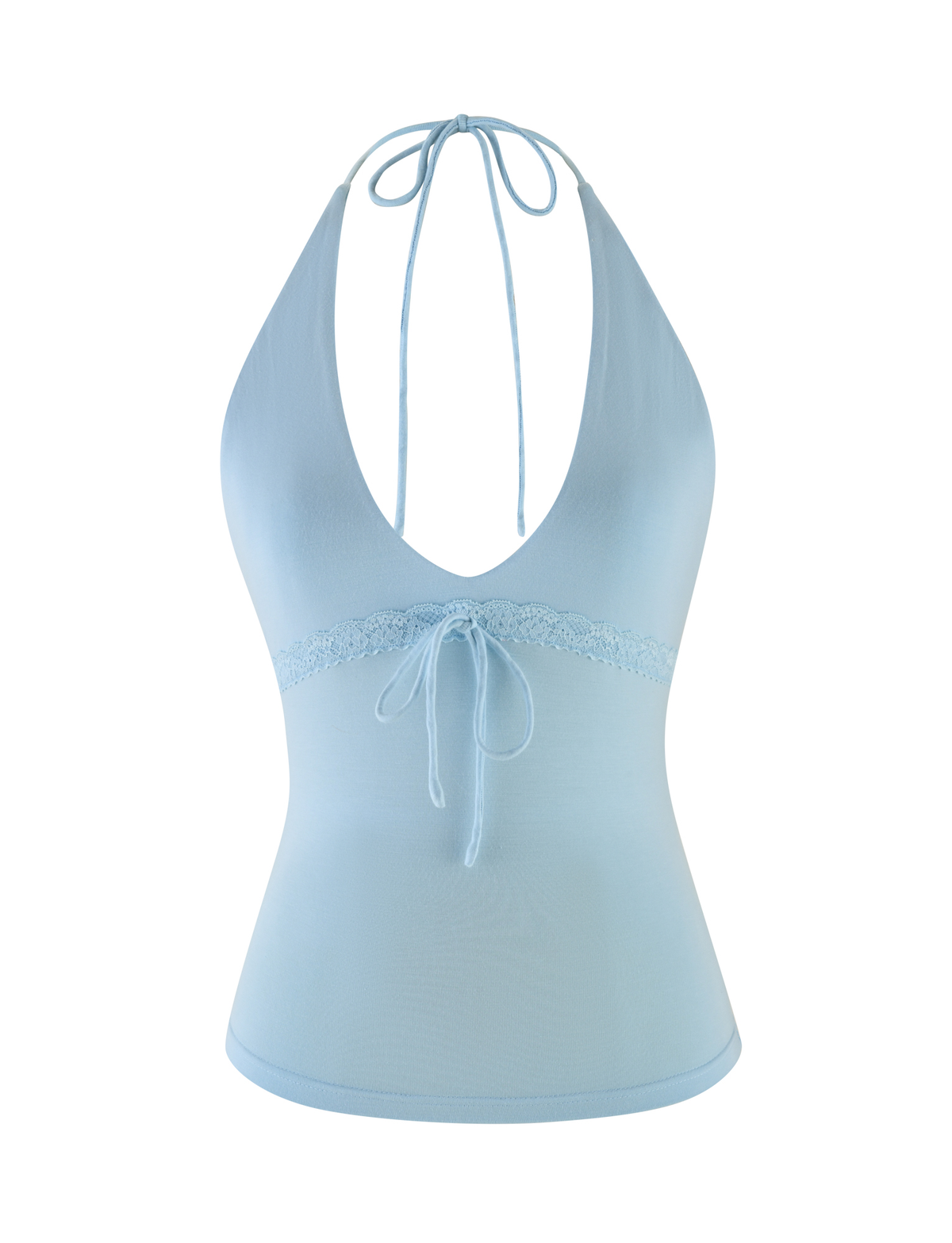 The MELLIE HALTER TOP - BLUE by TIGERMIST features a deep V-neck, lace trim under the bust, and adjustable ties. Made from soft, buttery jersey fabric in baby blue, it offers a fitted and flattering silhouette.