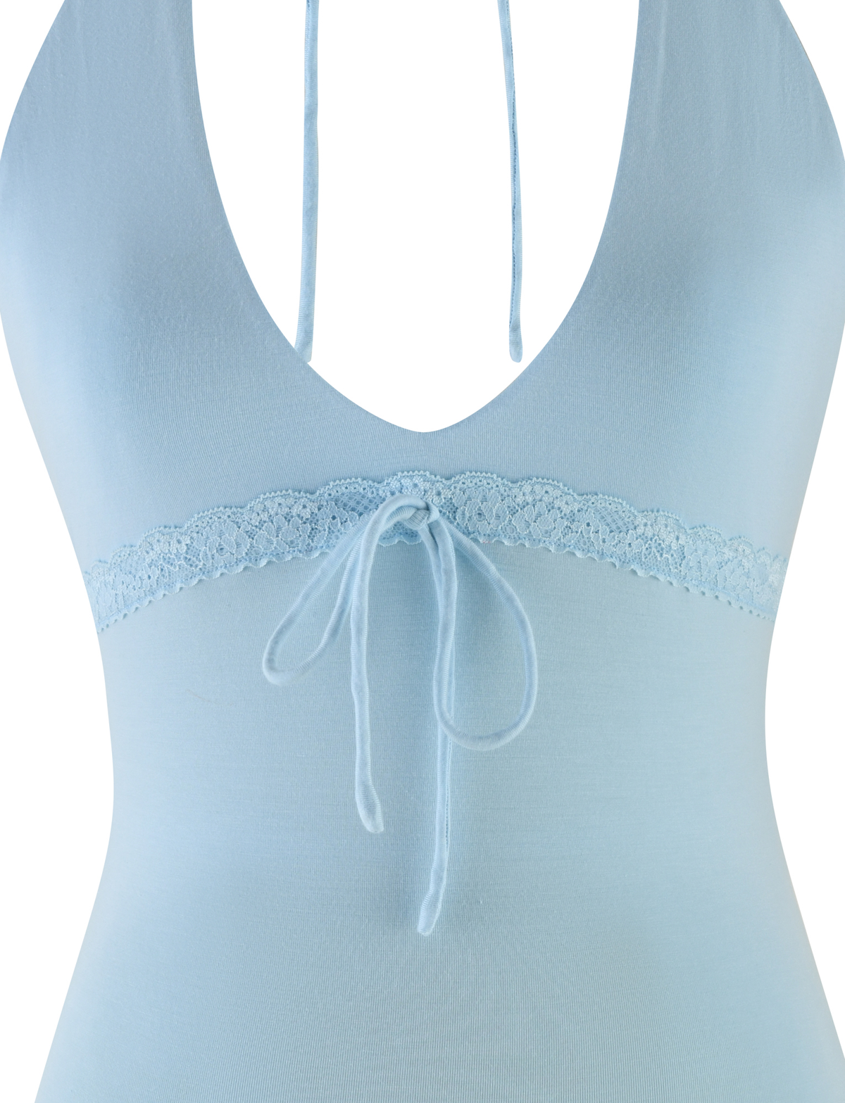 Close-up of the TIGERMIST MELLIE HALTER TOP in Baby Blue, made from stretchy fabric with a deep V-neckline, lace trim under the bust, and a decorative center bow.