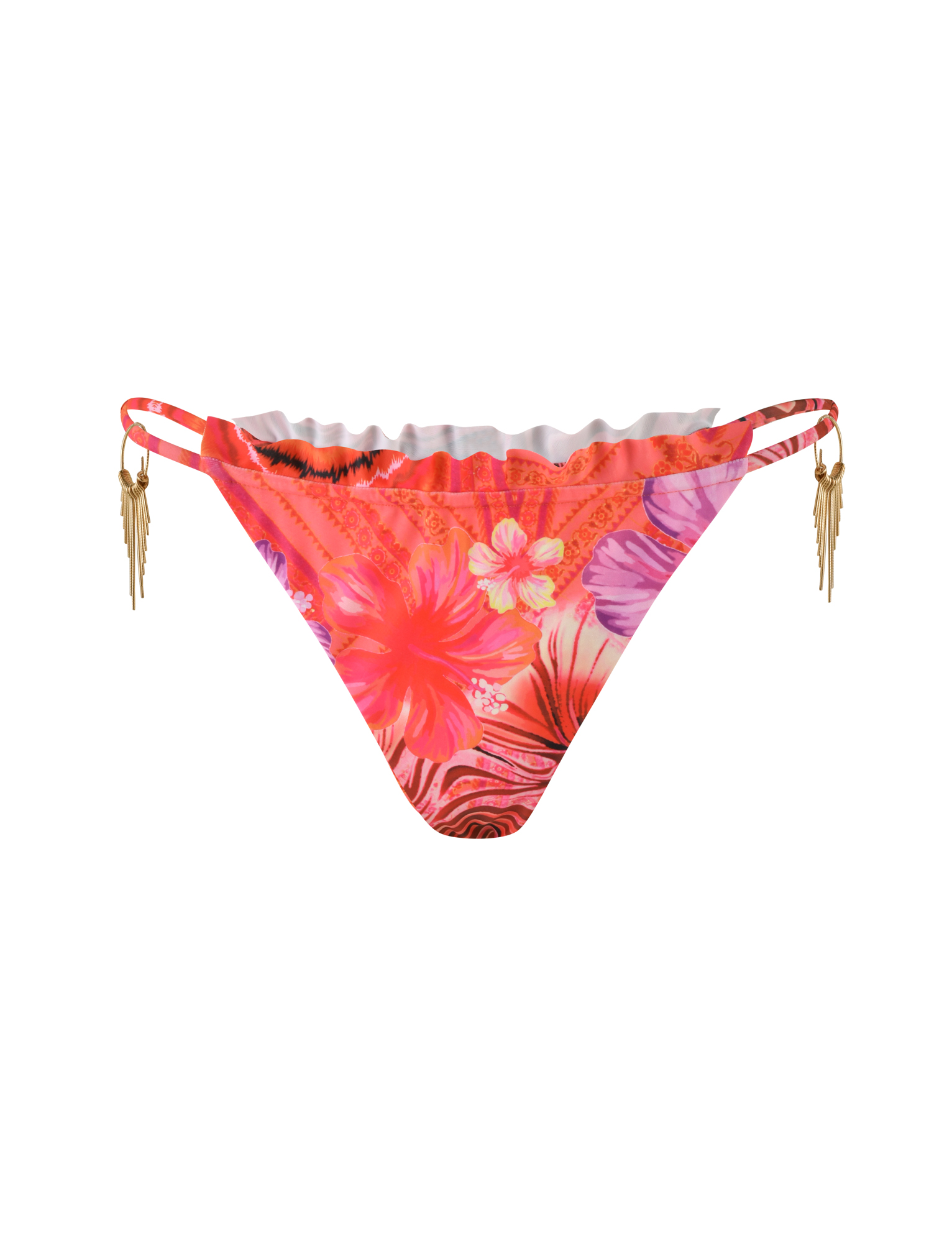 The CIANA BIKINI 2PC BOTTOM by TIGERMIST features a pink tropical floral print, double side straps with gold fringe tassels, and a white background—perfect for a chic swim set.