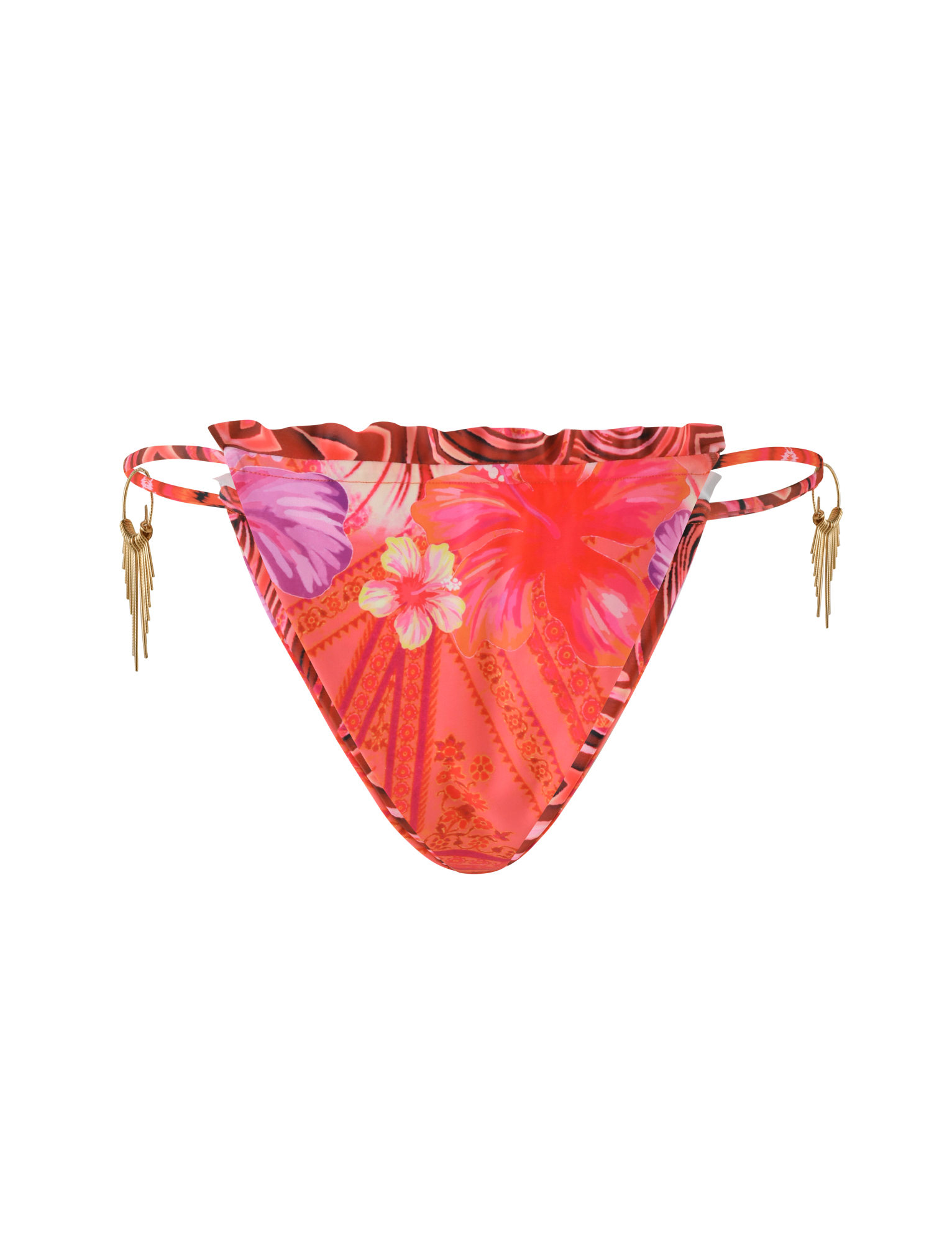 The TIGERMIST CIANA BIKINI 2PC BOTTOM - PINK TROPICAL features a red and pink floral print, double side straps, and gold tassel charms on each side. Shown on a white background, it's perfect for mixing and matching with your favorite swim set.