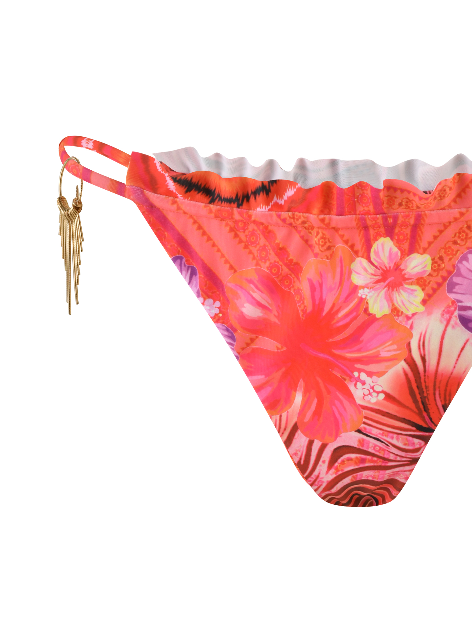 Close-up of the TIGERMIST CIANA BIKINI 2PC BOTTOM - PINK featuring a pink tropical floral print on orange, a gold fringe charm on the double waistband, and a white background.