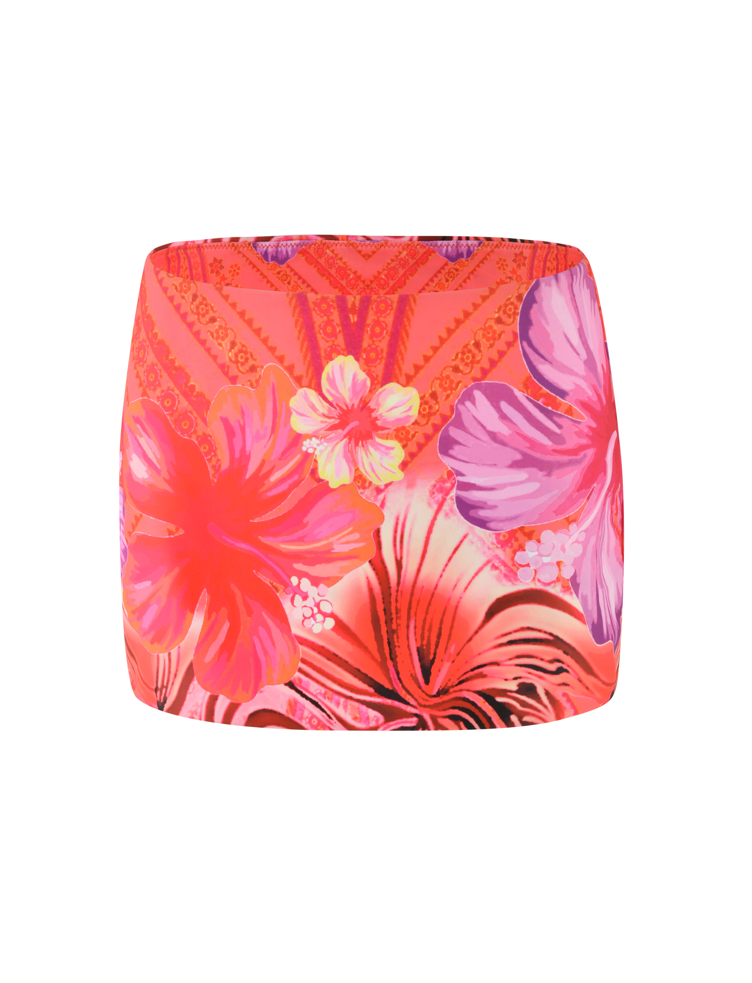 The TIGERMIST CIANA BIKINI 2PC BOTTOM is a high-waisted, vibrant pink tropical floral bikini bottom featuring pink, purple, and yellow placement prints.