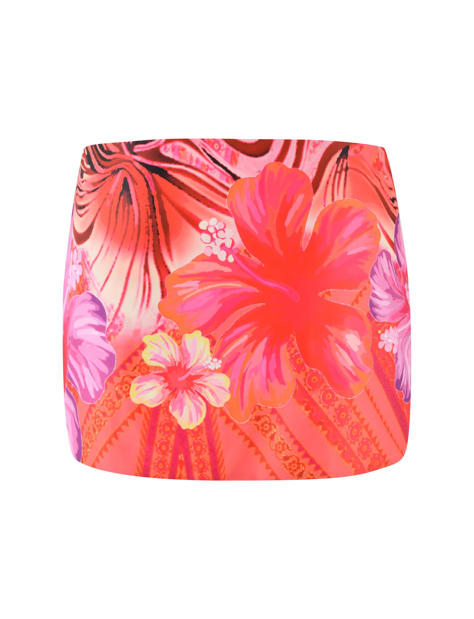 The TIGERMIST CIANA BIKINI 2PC BOTTOM features a vibrant pink tropical floral print with bold hibiscus flowers and leaves in red, pink, orange, and purple on a white background.