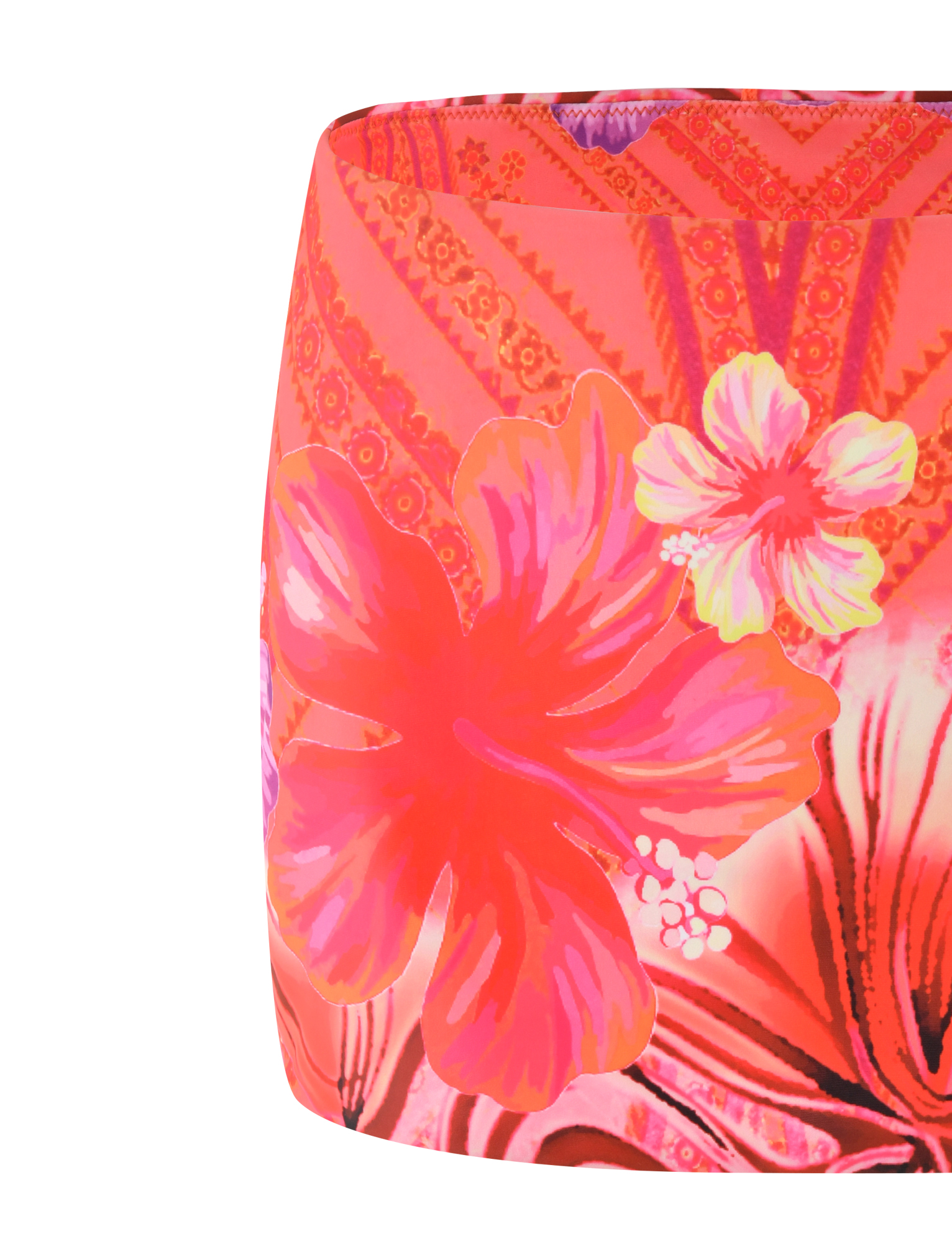 Close-up of the TIGERMIST CIANA BIKINI 2PC BOTTOM in Pink Tropical, featuring a vibrant floral print with shades of pink, red, orange, and purple hibiscus flowers and bold geometric accents.