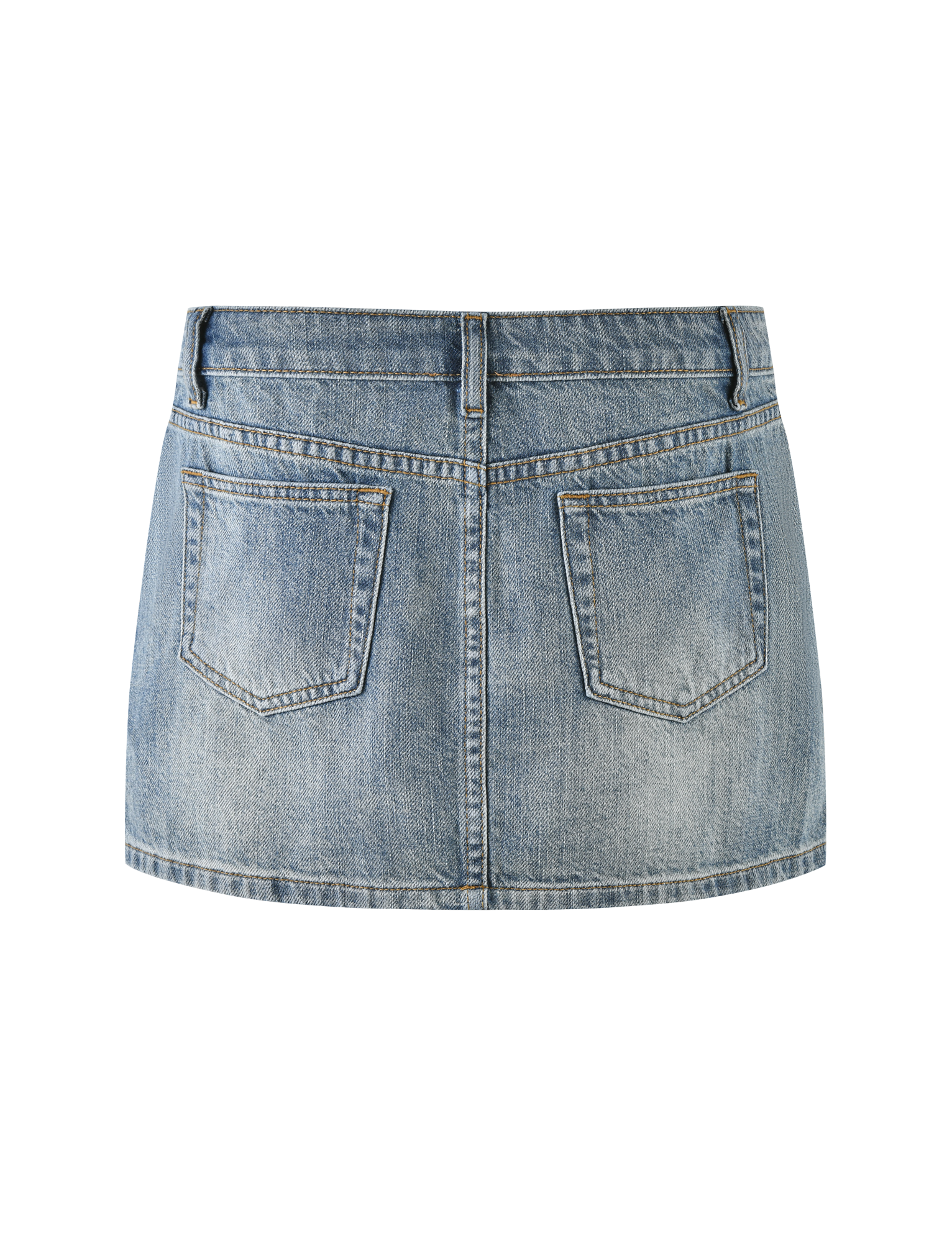 The TIGERMIST MICHAYLA MINI SKIRT - MID WASH features a back view with classic five-pocket styling, belt loops, two back pockets, and faded light blue denim details.