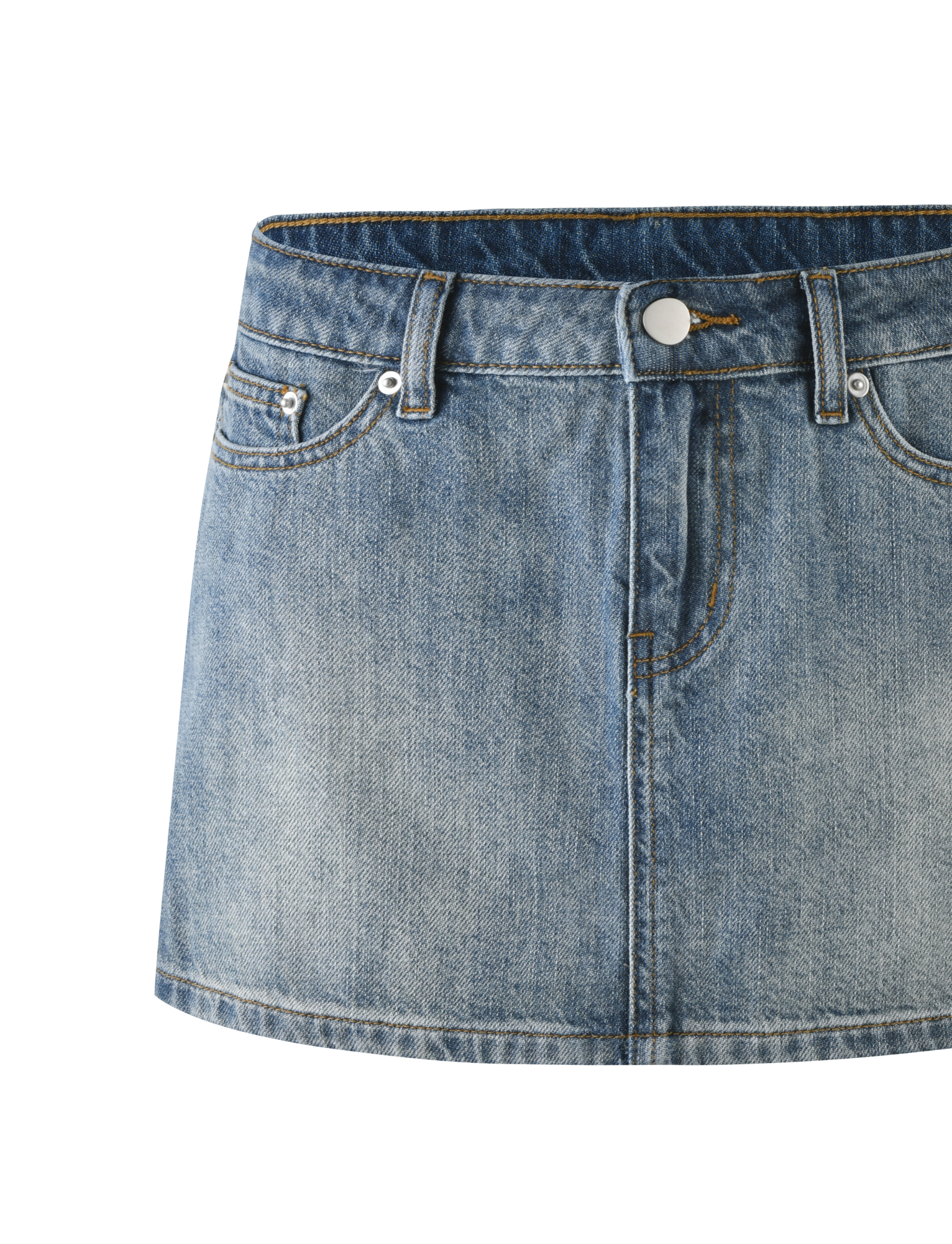 The MICHAYLA MINI SKIRT - MID WASH by TIGERMIST is a blue denim mini skirt with belt loops, front and classic five-pocket styling, button closure, and faded detailing.