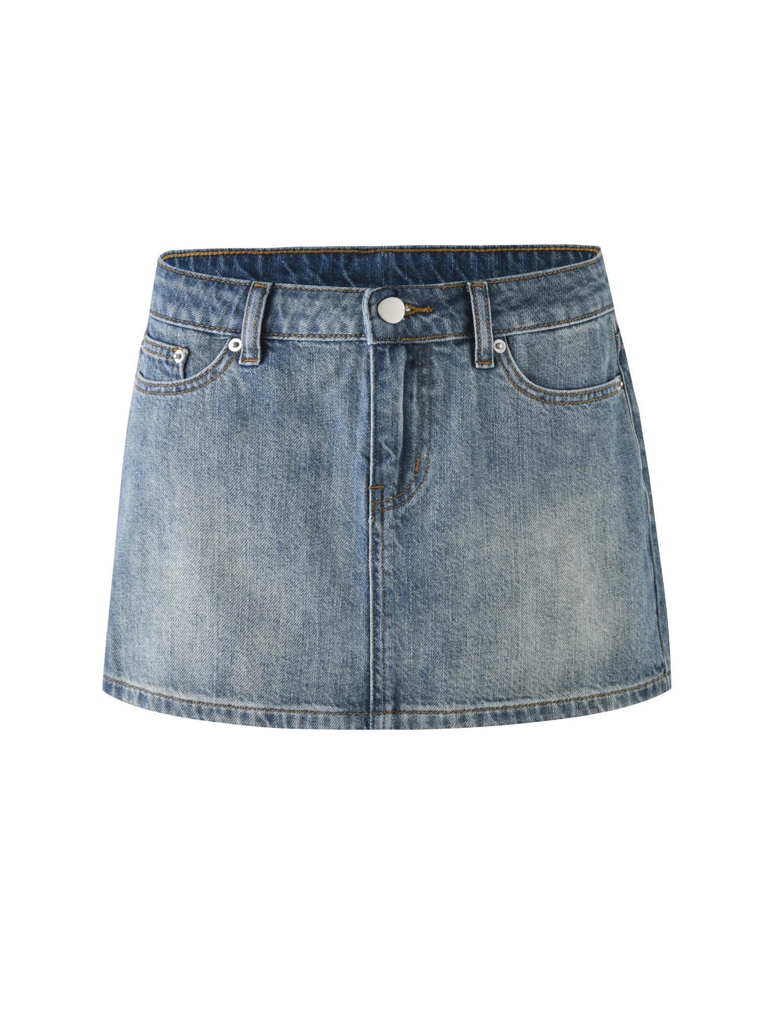 The MICHAYLA MINI SKIRT - MID WASH by TIGERMIST is a blue denim mini skirt with five pocket styling, belt loops, a front button and zipper closure, metal rivets, and a slightly faded look.