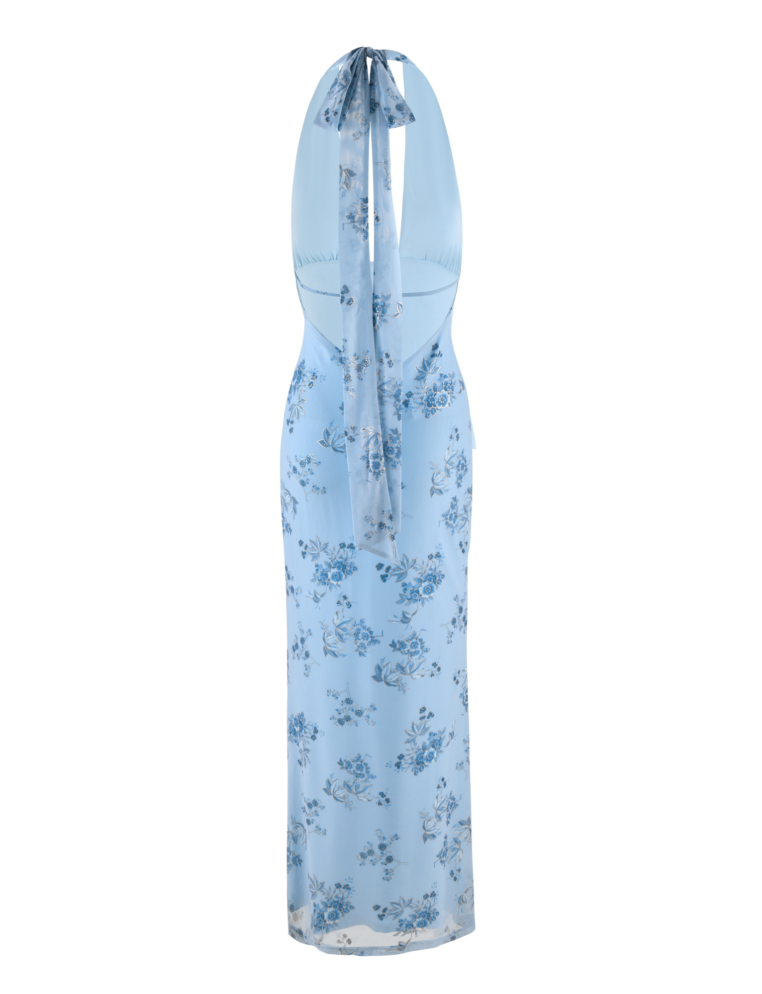 The TIGERMIST PHAEDRA MAXI DRESS in blue floral features a light blue halter neck, fitted waist, scattered blue and white flower patterns, a long flowing silhouette, and an elegant back tie.