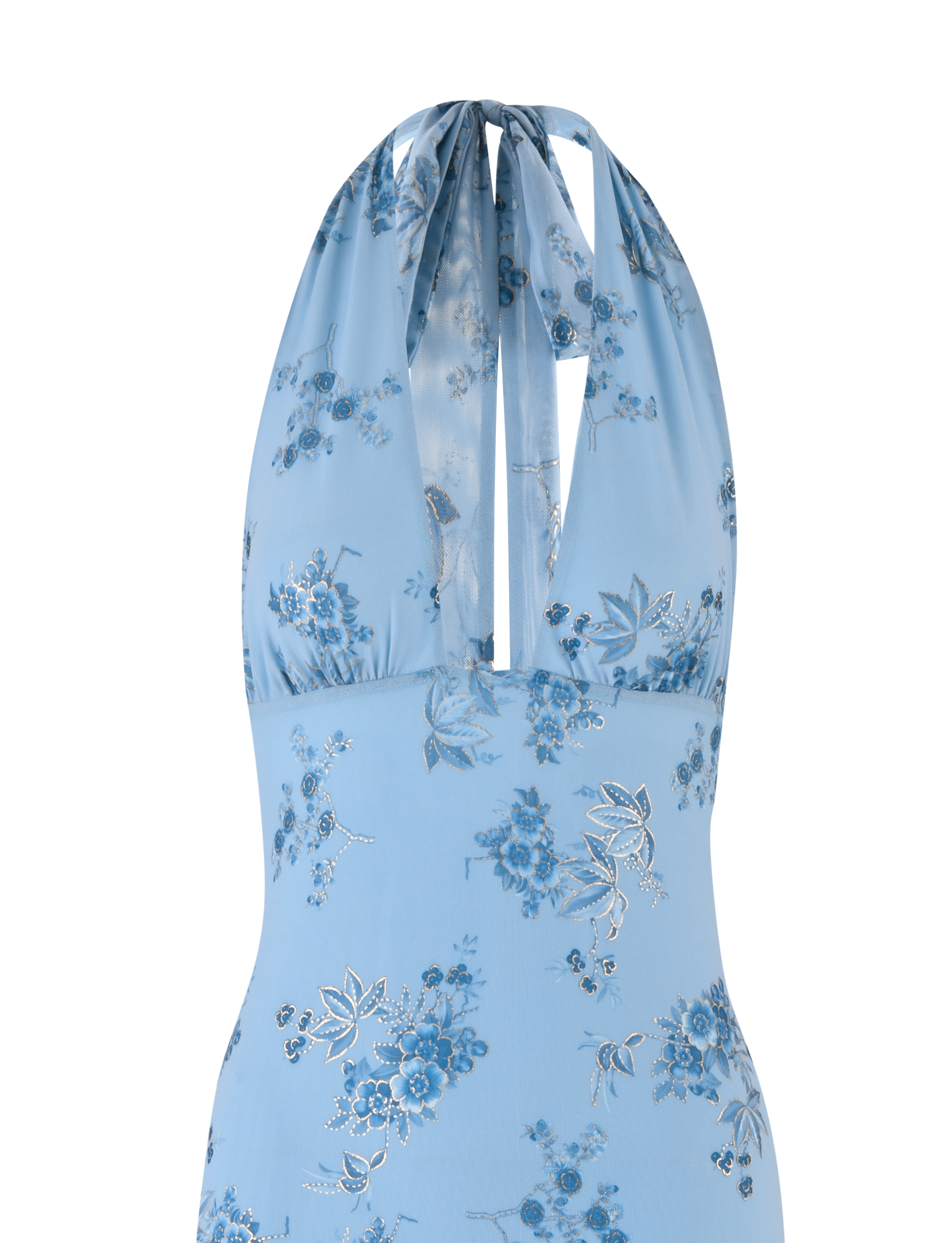 The PHAEDRA MAXI DRESS by TIGERMIST features a light blue halter neck with plunging neckline, blue floral pattern, and metallic foil accents for added shine.