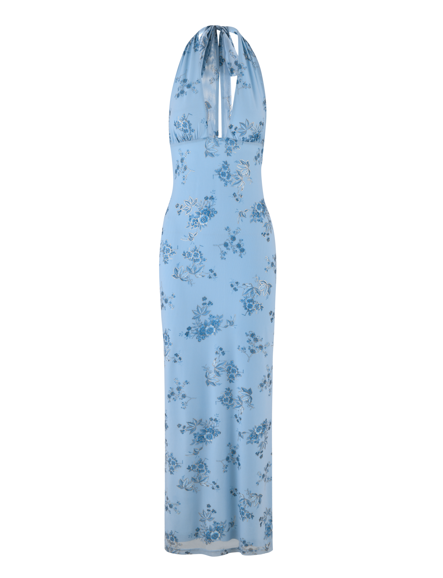 The TIGERMIST PHAEDRA MAXI DRESS in blue floral features a fitted bodice, halter neck, and flowy maxi silhouette with darker blue floral prints for an elegant look.
