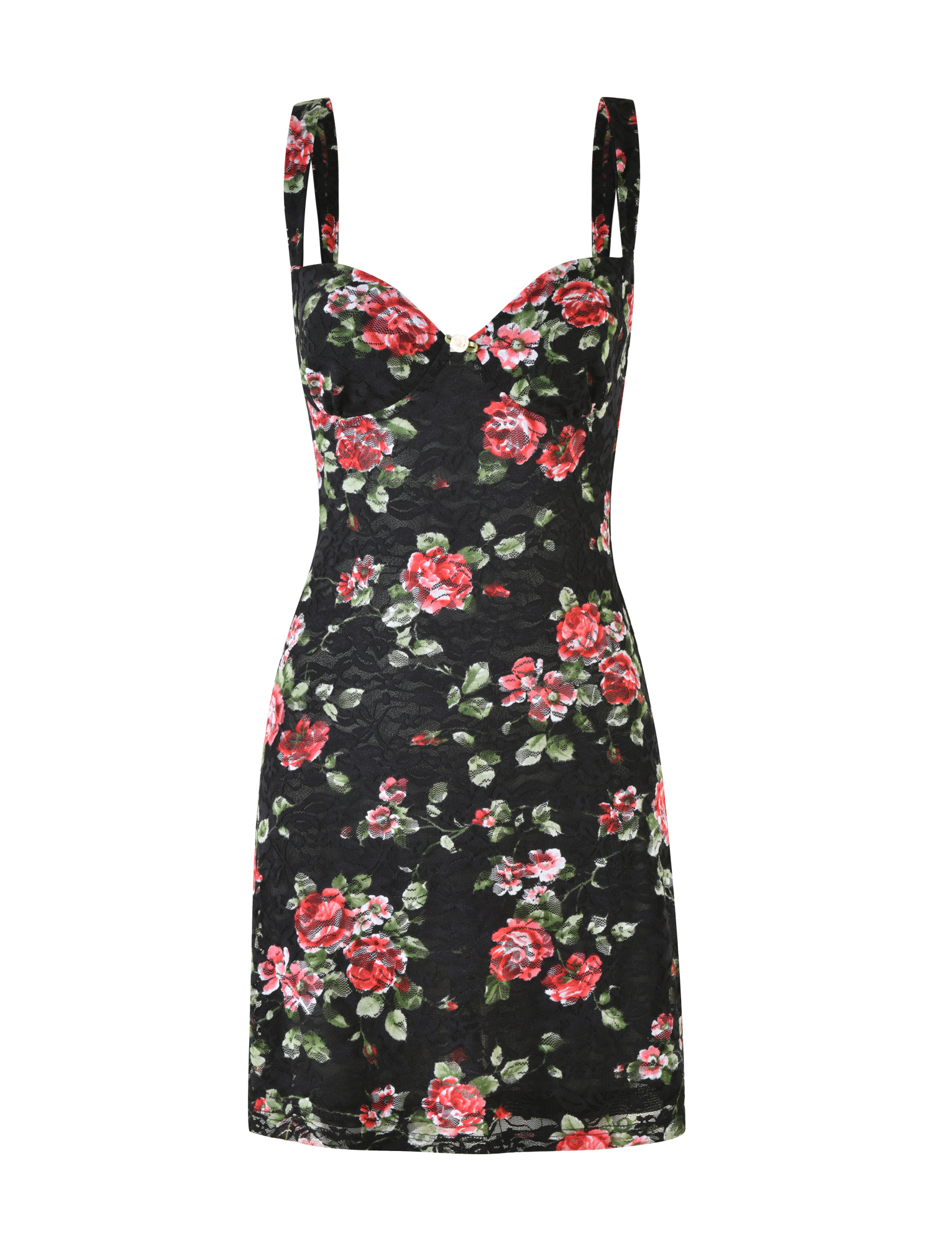 The ANDEE MINI DRESS - BLACKROSE by TIGERMIST is a sleeveless, fitted mini dress in black with red and pink rose print, green leaves, sweetheart neckline, and stretch lace texture.