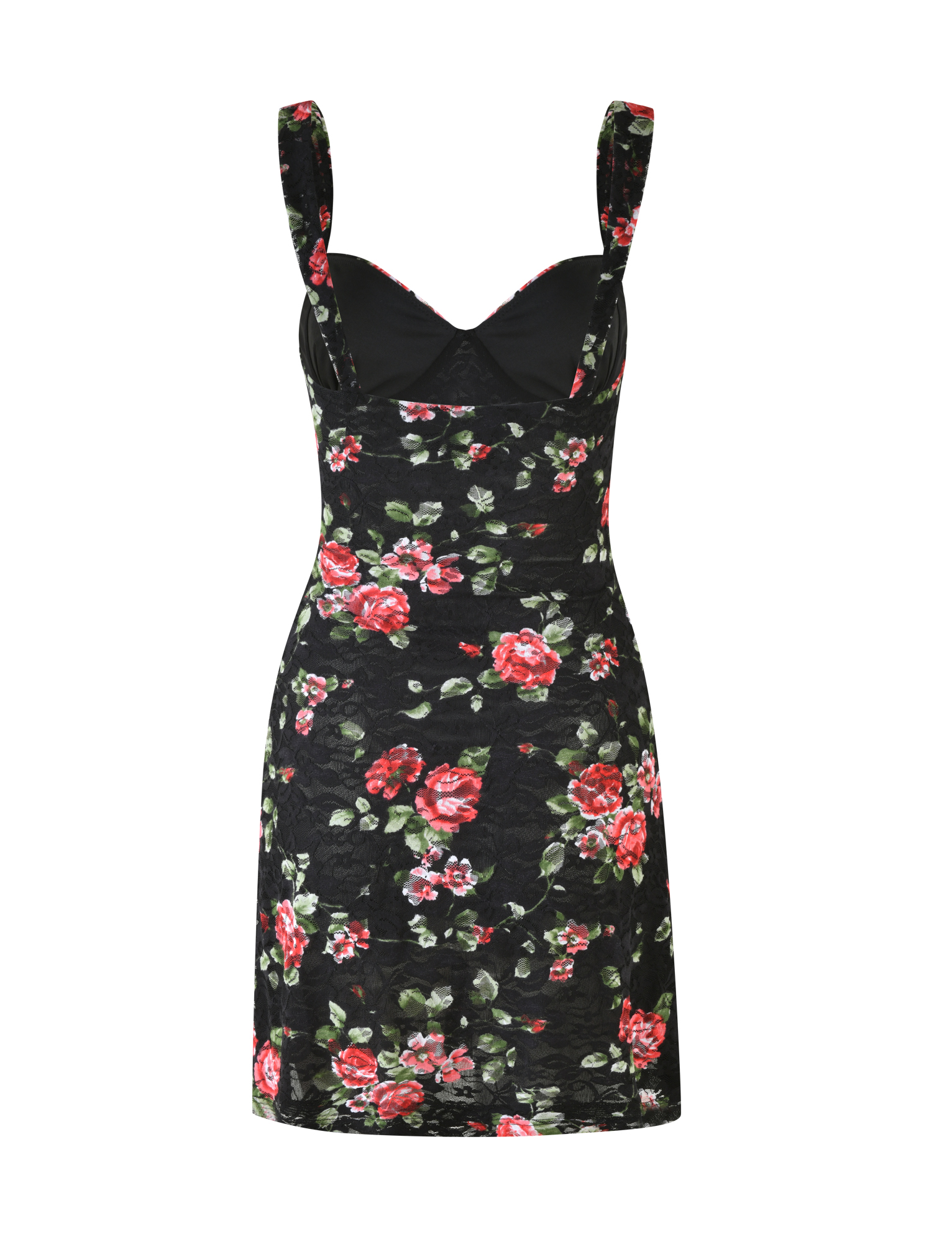 The TIGERMIST ANDEE MINI DRESS in BLACKROSE is a sleeveless black mini dress with wide straps, a fitted bodice, and a chic red and pink rose floral print on textured fabric for a stylish look.
