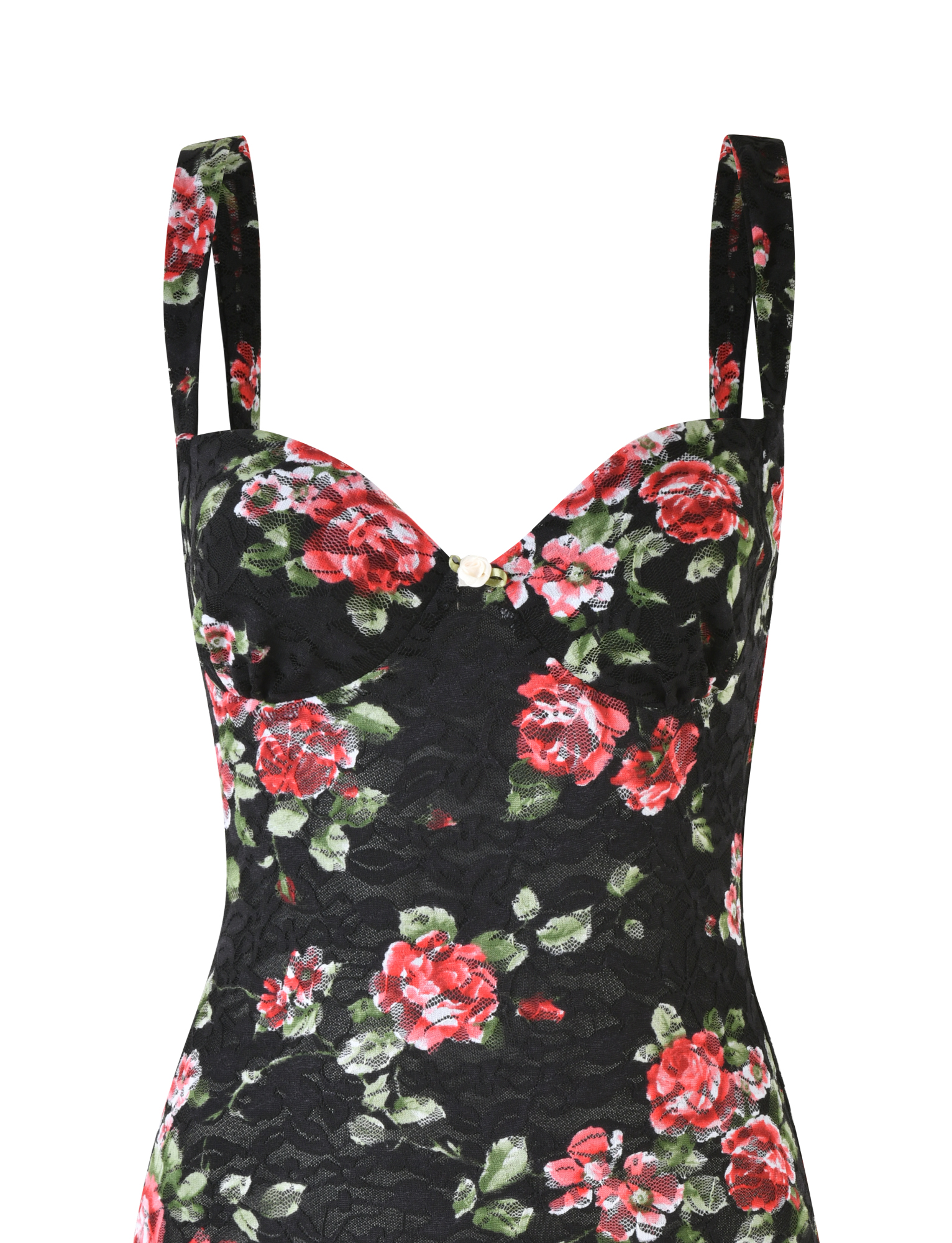 The TIGERMIST ANDEE MINI DRESS in BLACKROSE features a fitted, sleeveless design with wide straps, black lace overlay, and a vibrant red, pink, and green floral pattern.