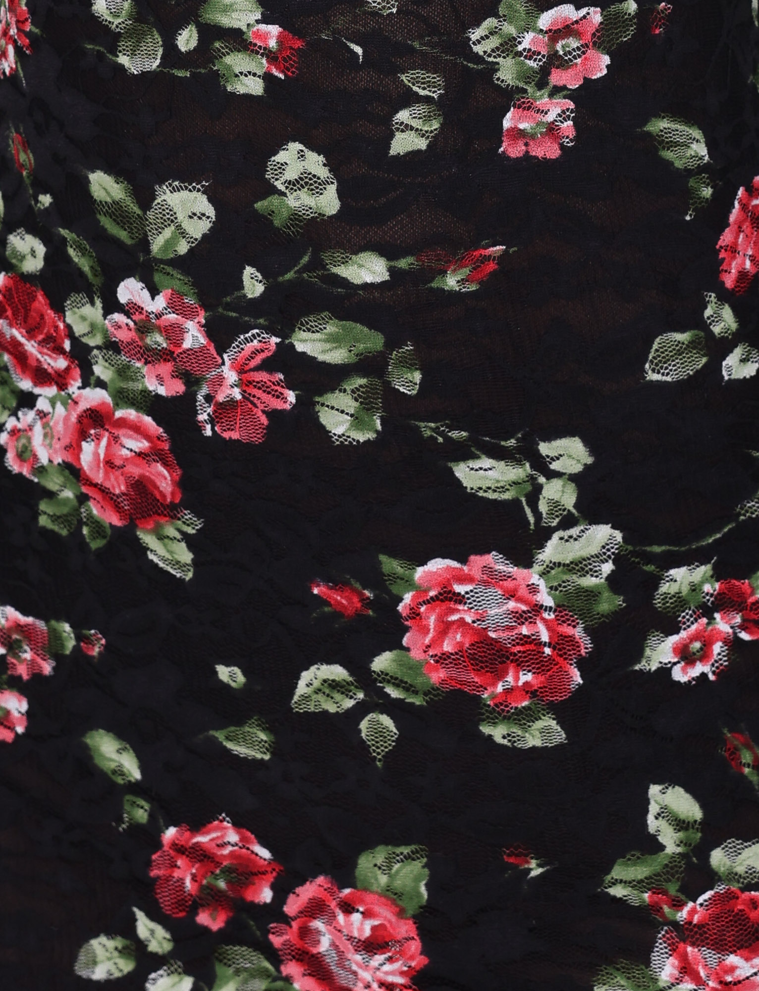 Close-up of the TIGERMIST ANDEE MINI DRESS - BLACK : FLORAL : BLACKROSE, showcasing pink and red roses with green leaves on black stretch lace—an eye-catching floral pattern perfect for a chic mini dress style.