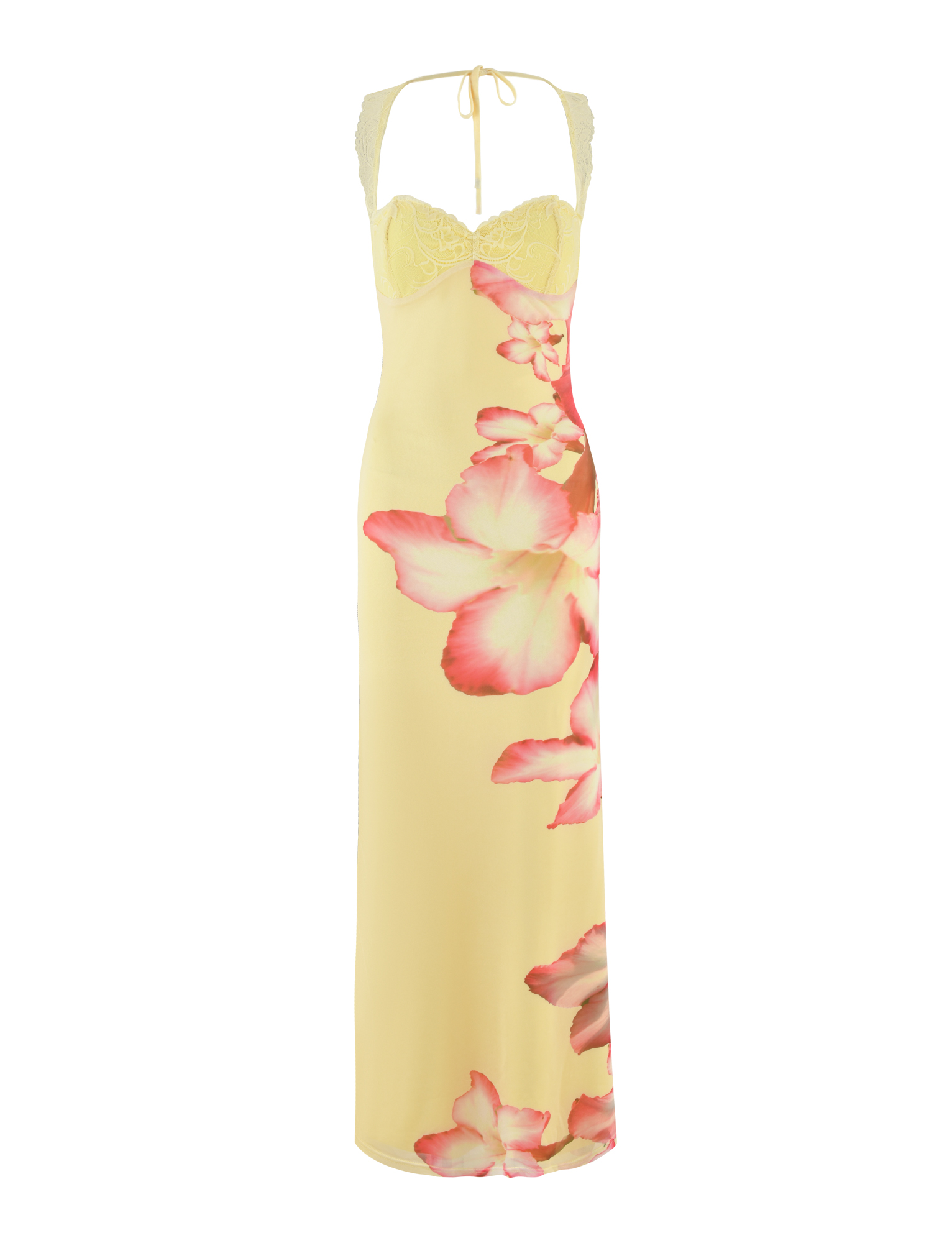 The TIGERMIST NYOMI MAXI DRESS in Yellow features a macro yellow hibiscus floral print, a lace bust panel, halter neck, and striking pink flowers flowing down one side.