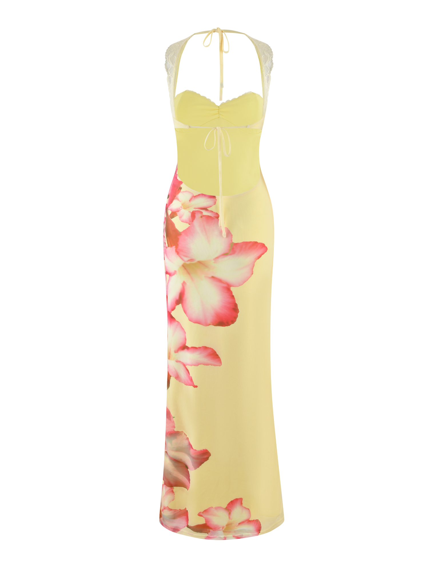 The NYOMI MAXI DRESS - YELLOW HIBISCUS by TIGERMIST is a sleeveless, form-fitting maxi dress featuring a halter neckline, bust tie detail, and large pink macro floral print for a soft, elegant look perfect for any occasion.