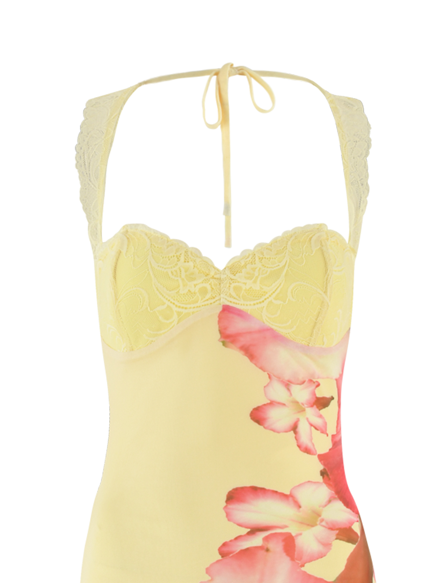 The NYOMI MAXI DRESS by TIGERMIST features a yellow hue, lace bust panel, halter neck tie, and a bold pink and white hibiscus floral print on one side—offering a fitted, feminine look perfect for any occasion.