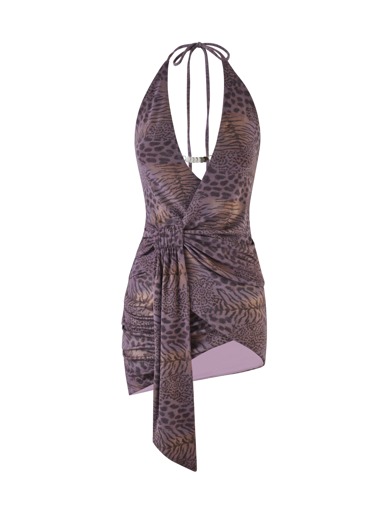 The TIGERMIST INDIGO MINI DRESS - PURPLE TIGER features a sleeveless halter-neck, deep V wrap neckline, ruched front, asymmetrical hem, and a purple and brown sparkle animal print.