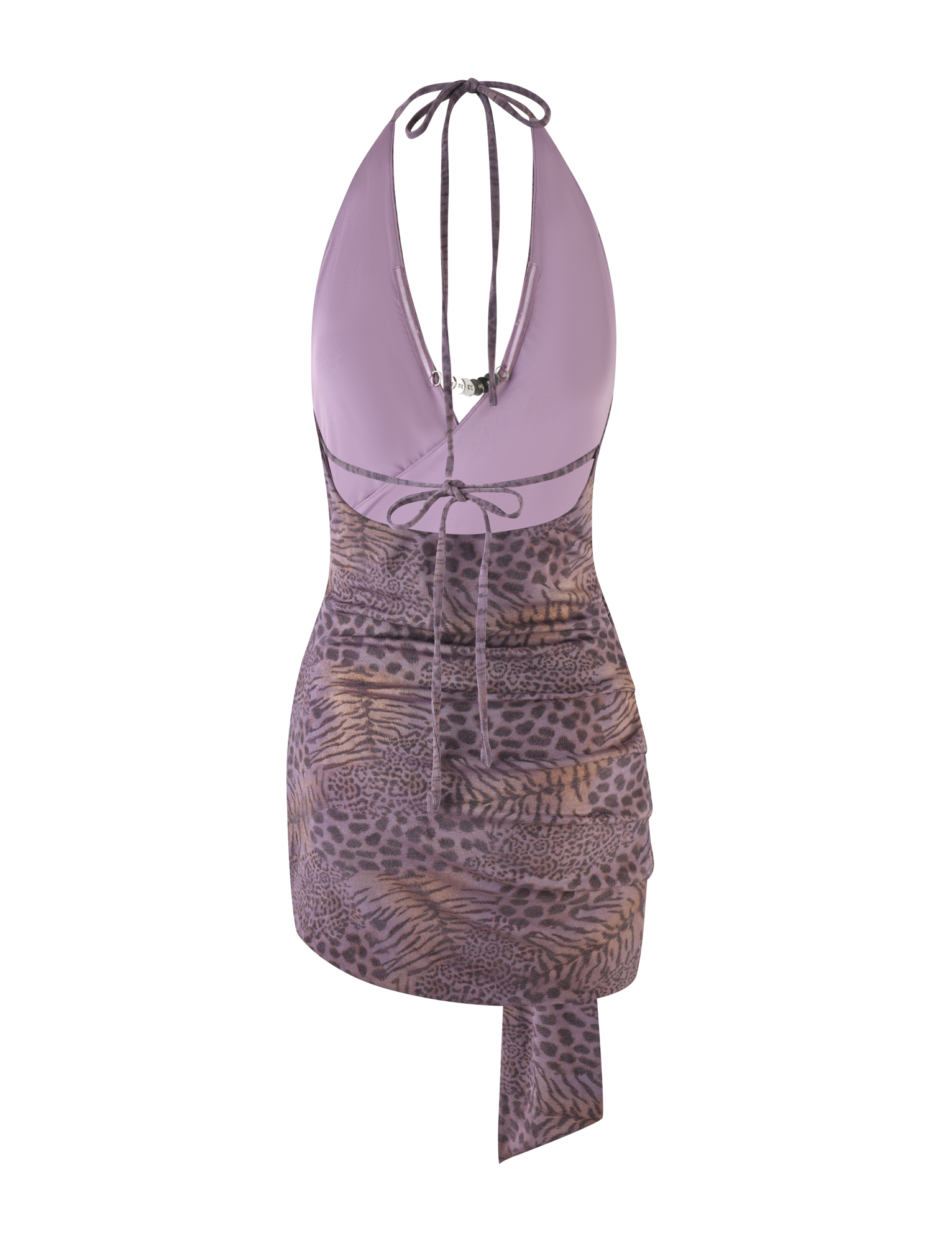 The INDIGO MINI DRESS by TIGERMIST is a sleeveless halter mini with a lavender top, V-wrap neckline, open back, and fitted skirt. It features an asymmetrical hem and a sparkling purple tiger print in shades of brown and purple.