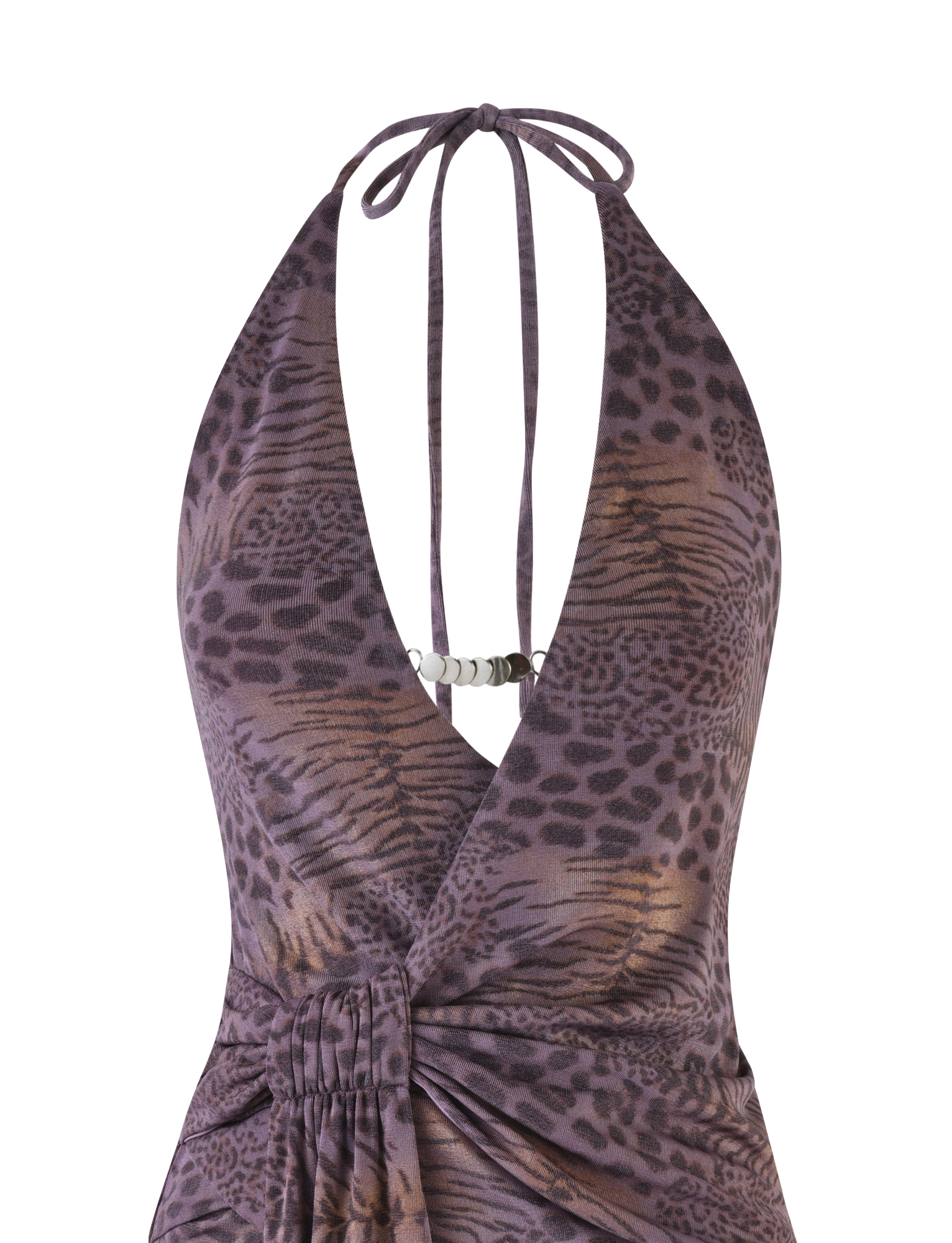 A close-up of the TIGERMIST INDIGO MINI DRESS - PURPLE TIGER, a halter-neck mini dress with a deep V wrap neckline, purple tiger print, and gathered waist detail.