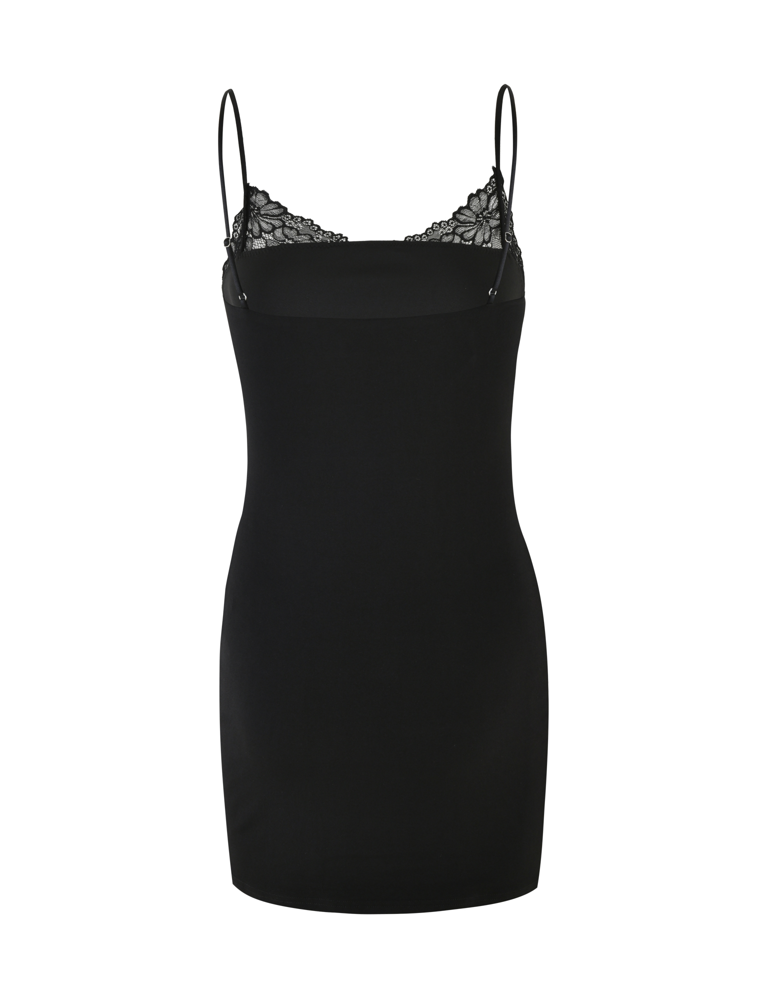 The FAELINA MINI DRESS by TIGERMIST is a black mini dress with adjustable spaghetti straps and lace-trimmed neckline, shown on a plain white background.