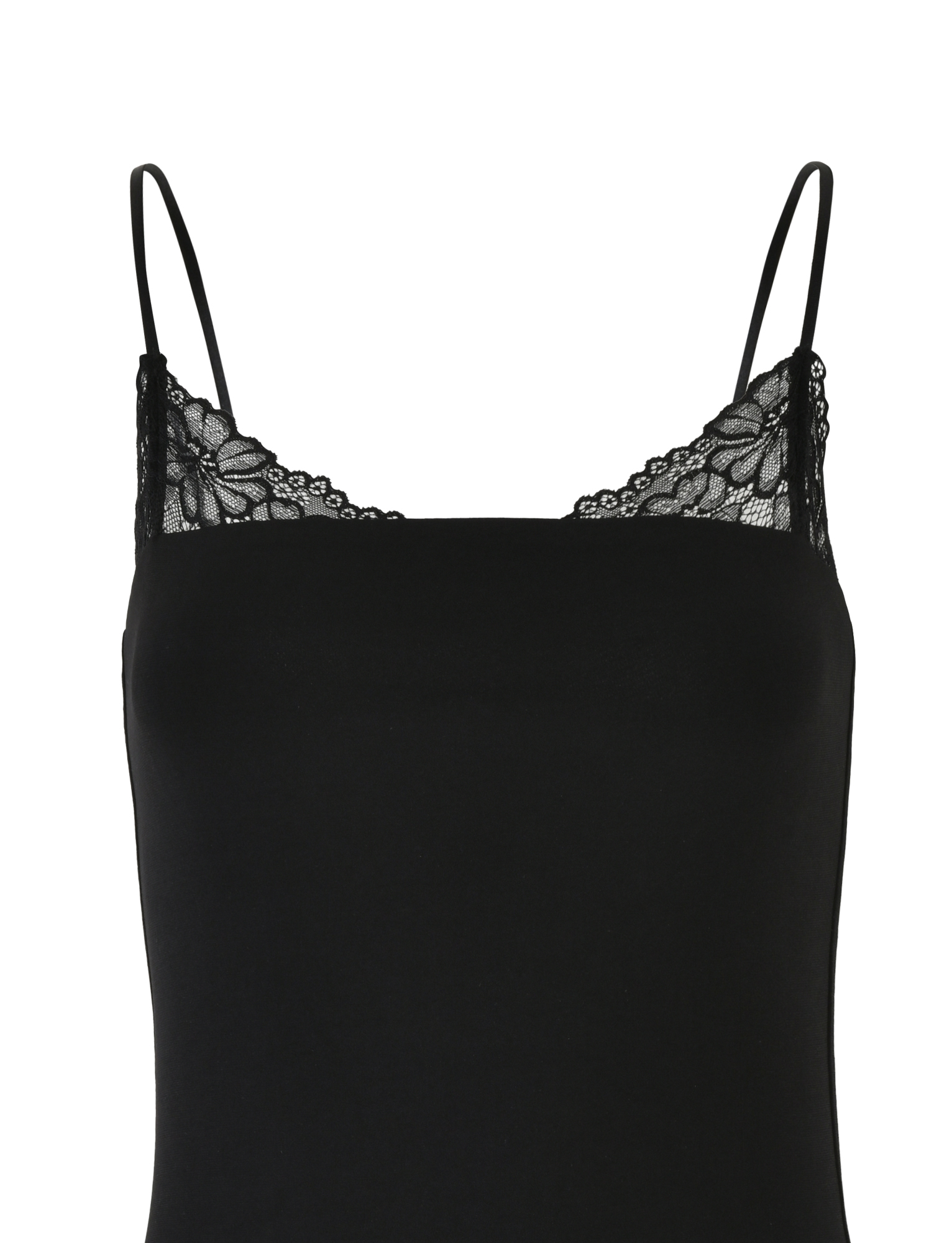 The FAELINA MINI DRESS by TIGERMIST is a black dress featuring thin, adjustable straps and lace neckline detailing, displayed against a plain white background.