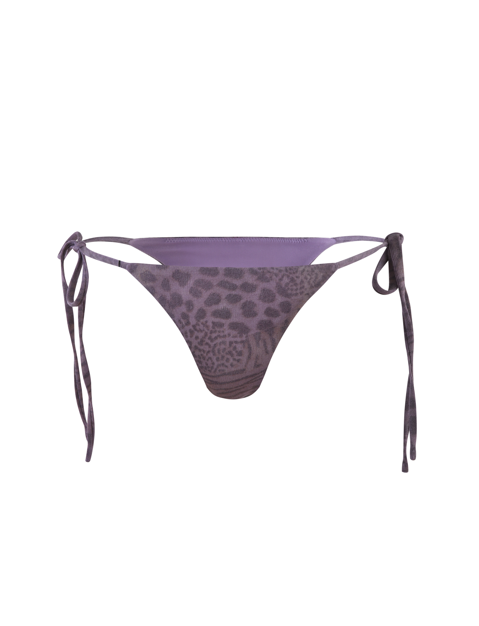The JESSALYN BIKINI BOTTOM - PURPLE TIGER by TIGERMIST features side ties, a subtle sparkle animal print, and cheeky minimal coverage, shown on a plain background.