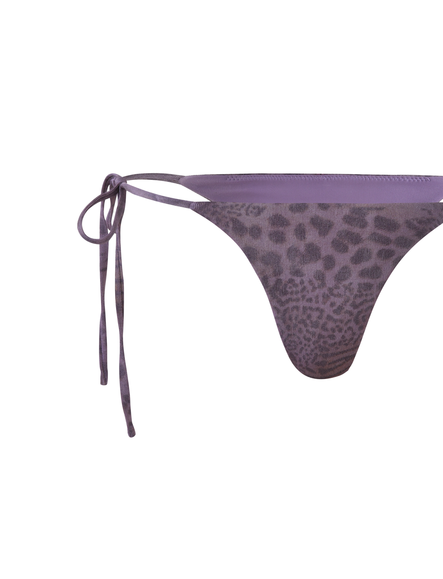 The TIGERMIST JESSALYN BIKINI BOTTOM - PURPLE TIGER features a purple animal print with sparkle, adjustable side ties, and cheeky minimal coverage, displayed against a white background.